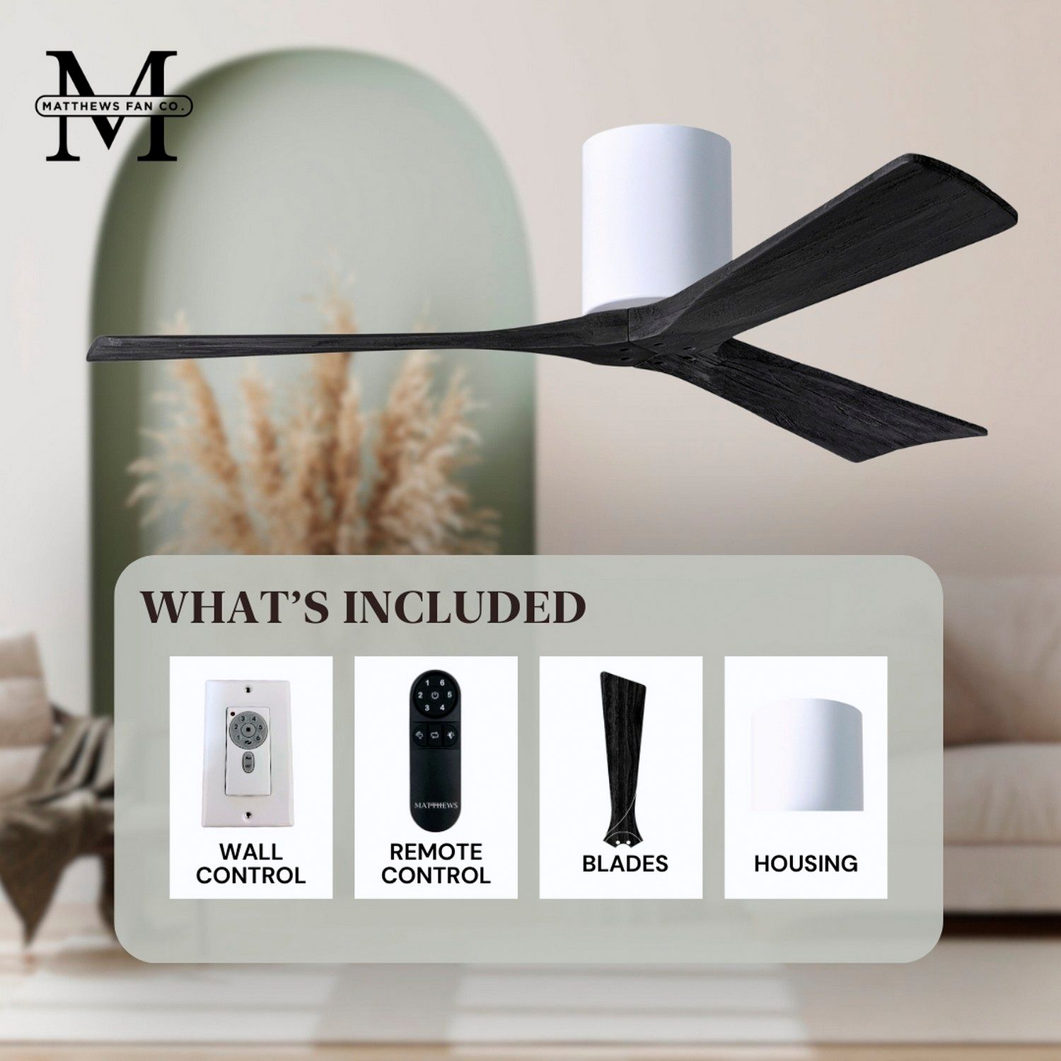 52" Matthews Irene 3H Gloss White and Black Remote Hugger Ceiling Fan