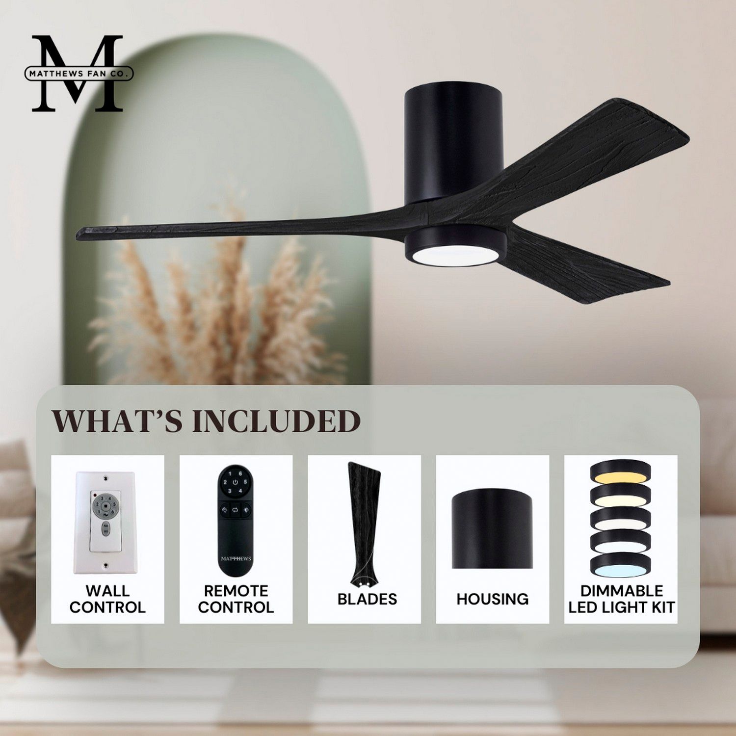 52" Matthews Irene 3H Matte Black Remote Hugger LED Ceiling Fan