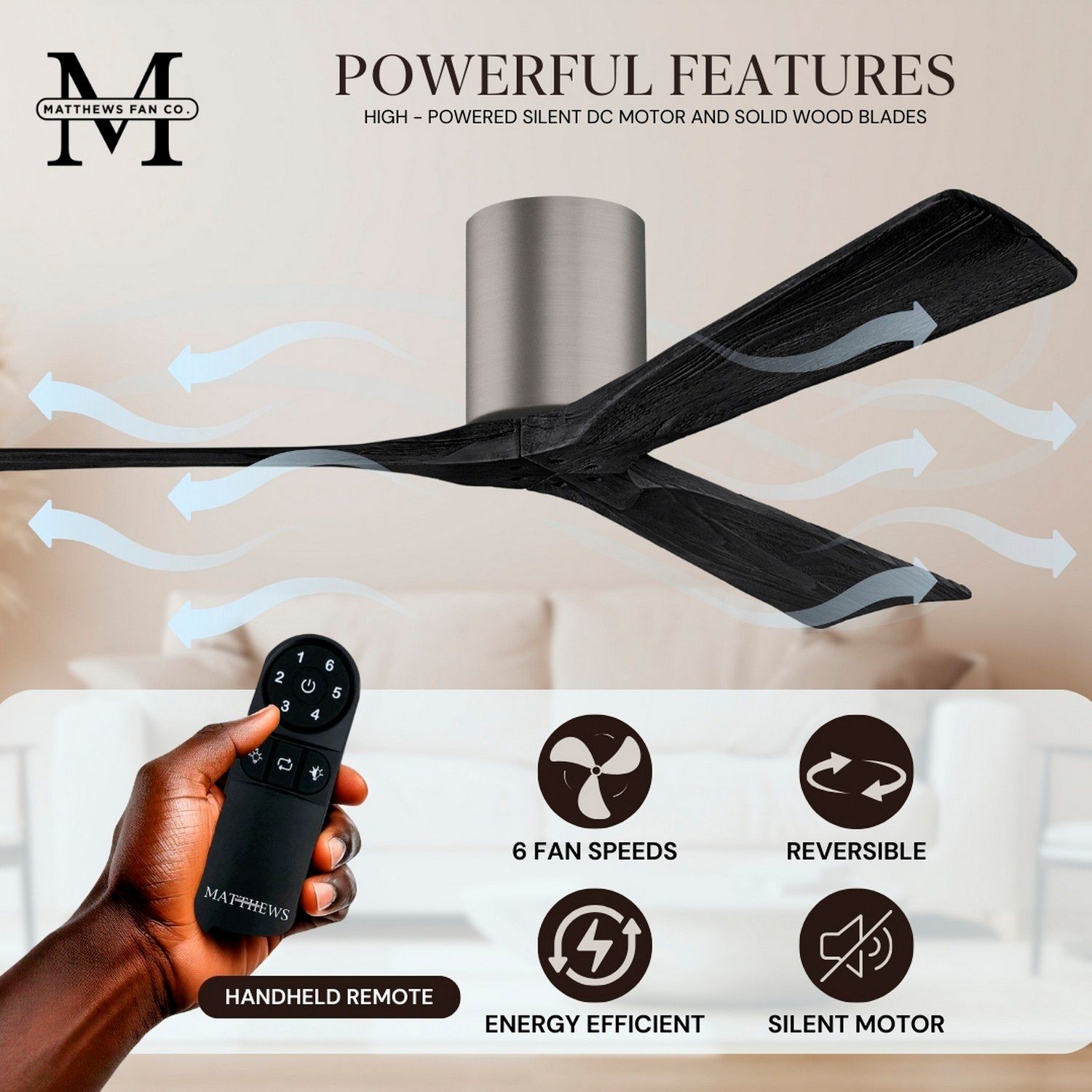 52" Matthews Irene 3H Pewter and Black Remote Hugger Ceiling Fan