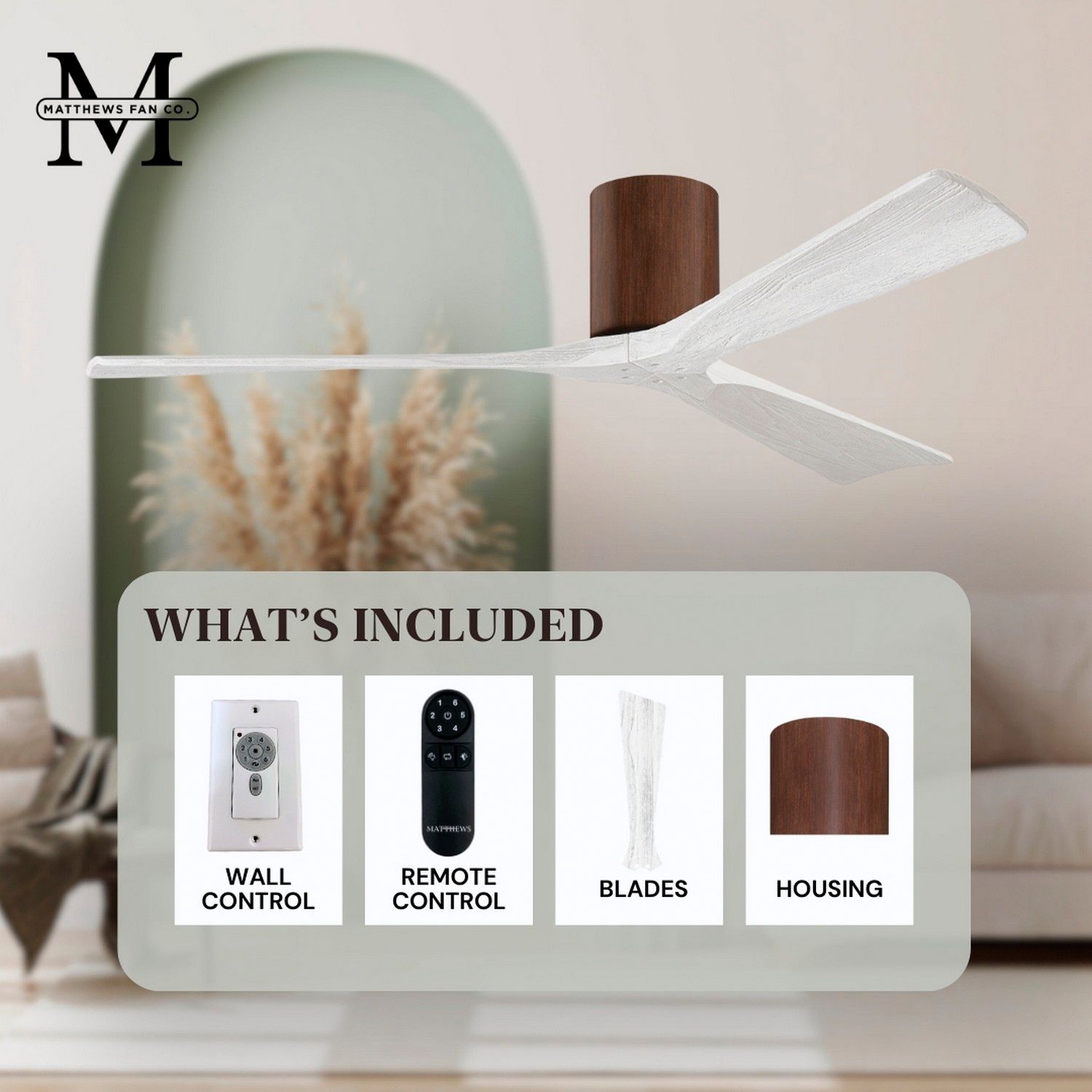 52" Matthews Irene 3H Walnut and Matte White Remote Hugger Ceiling Fan