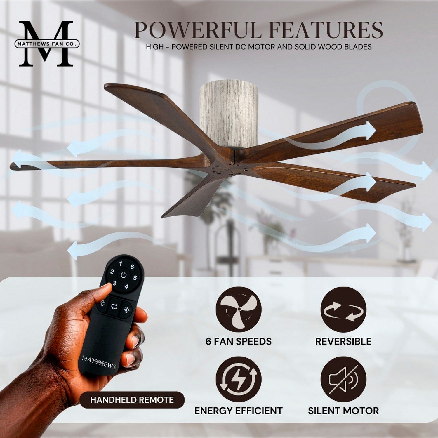 52" Matthews Irene-5H Barnwood and Walnut Hugger Fan with Remote