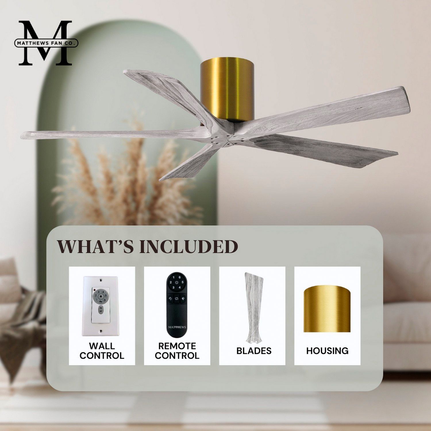 52" Matthews Irene-5H Brass and Barnwood Hugger Fan with Remote