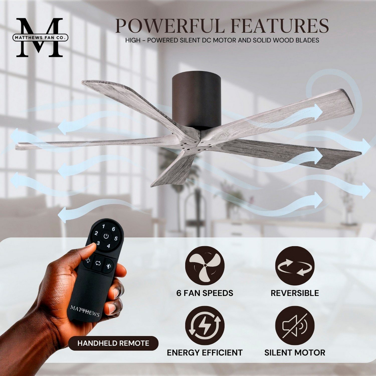 Image 7 52" Matthews Irene-5H Bronze and Barnwood Hugger Remote Ceiling Fan more views