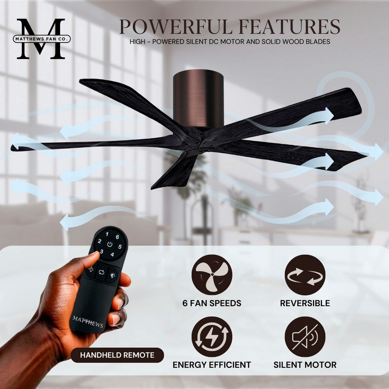 52" Matthews Irene-5H Bronze and Black Hugger Ceiling Fan with Remote
