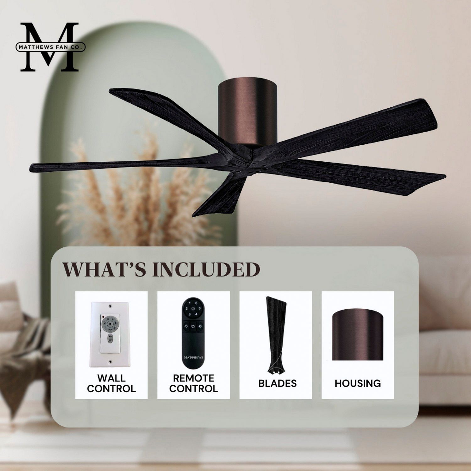 52" Matthews Irene-5H Bronze and Black Hugger Ceiling Fan with Remote