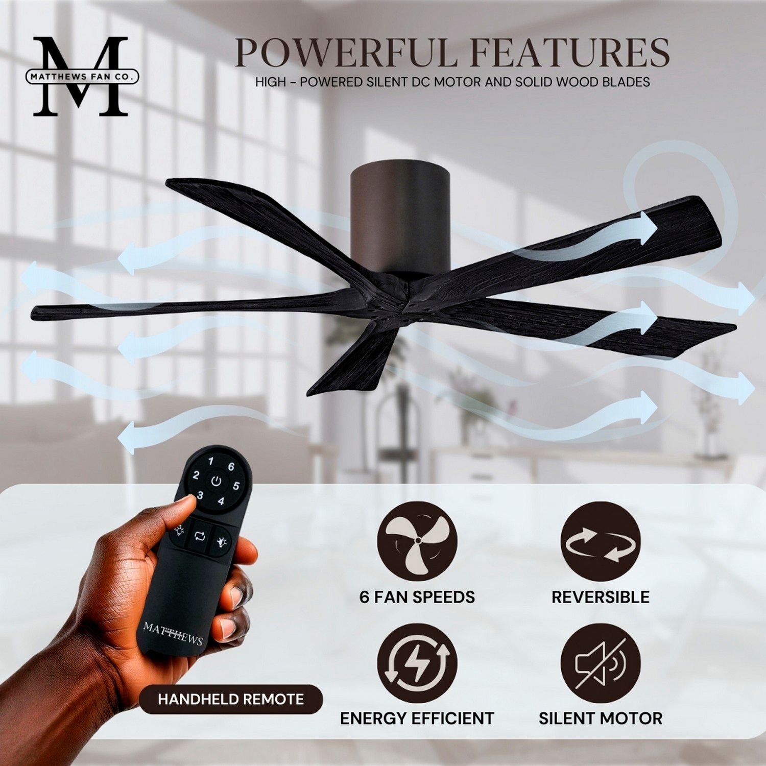 52" Matthews Irene-5H Bronze and Black Hugger Ceiling Fan with Remote