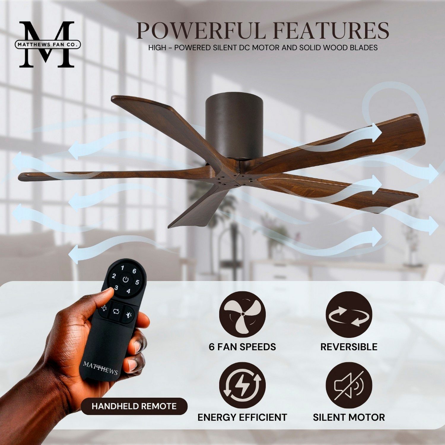52" Matthews Irene-5H Bronze and Walnut Hugger Ceiling Fan with Remote