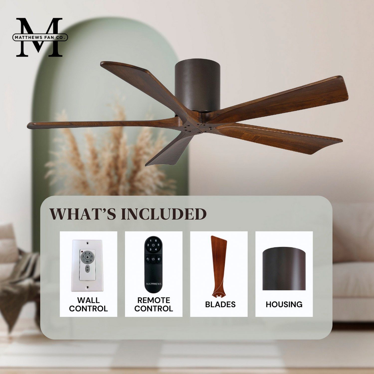 52" Matthews Irene-5H Bronze and Walnut Hugger Ceiling Fan with Remote