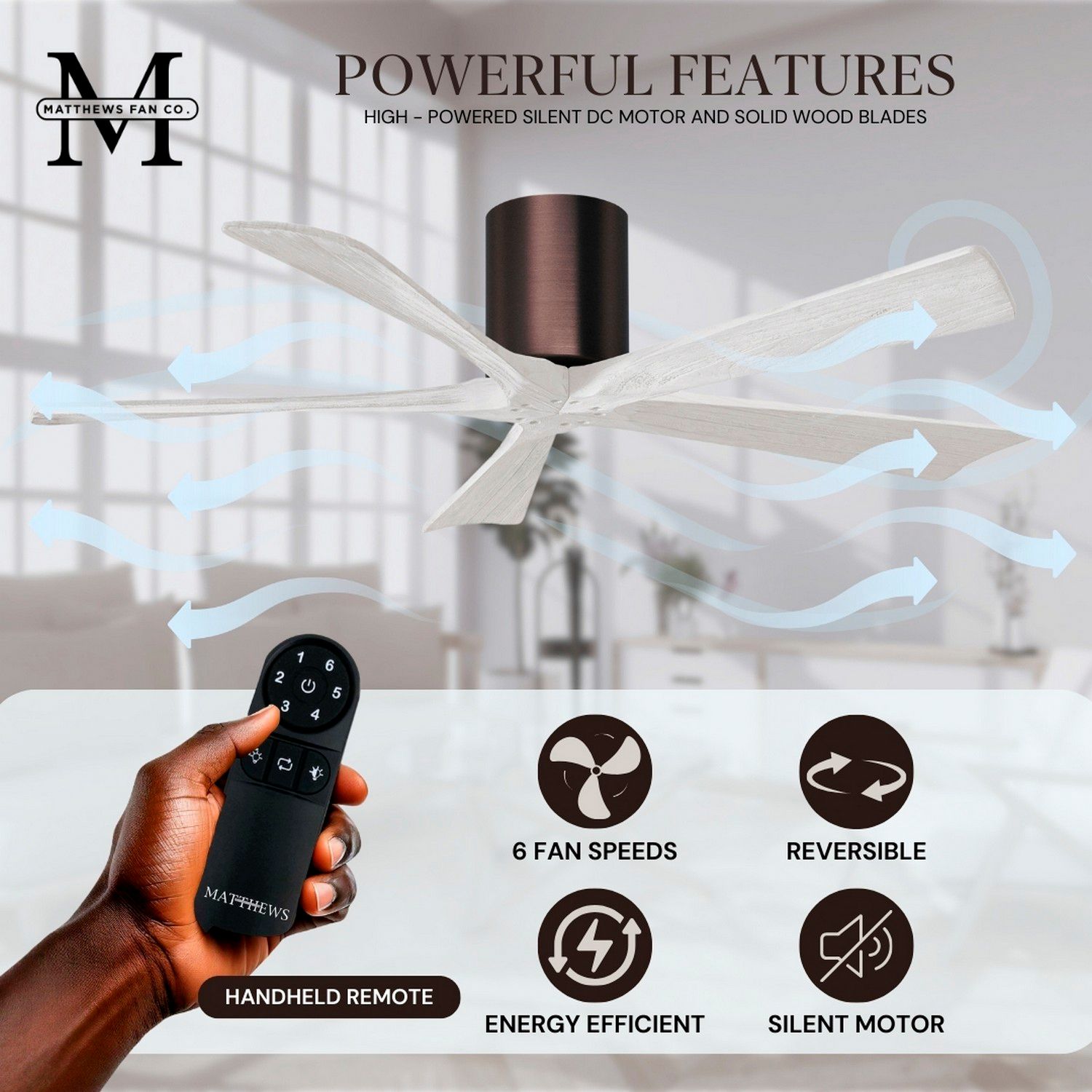 52" Matthews Irene-5H Bronze and White Hugger Ceiling Fan with Remote