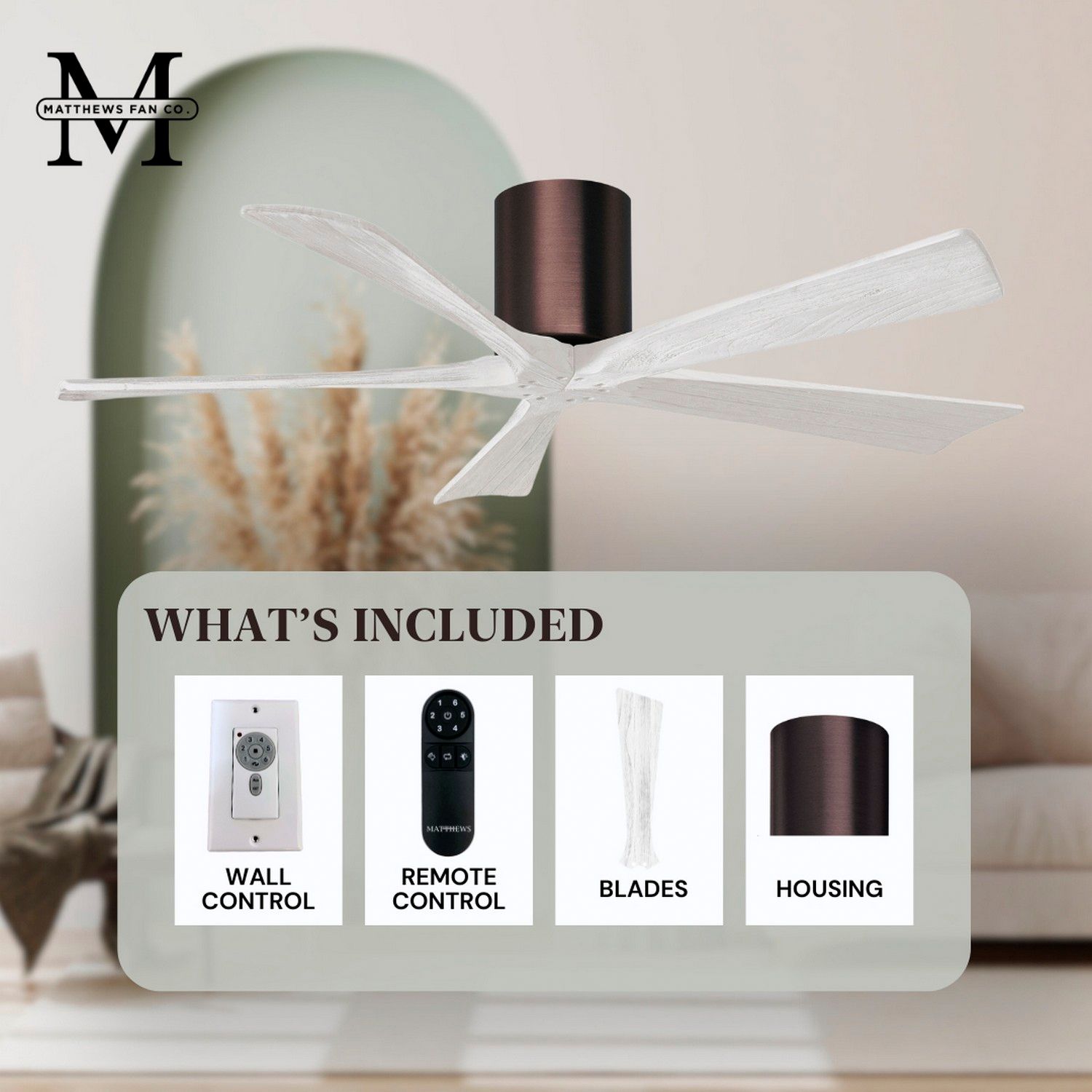 52" Matthews Irene-5H Bronze and White Hugger Ceiling Fan with Remote