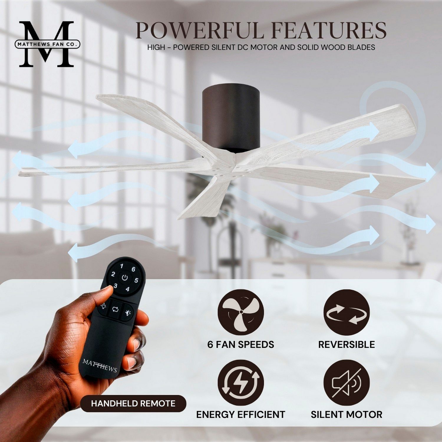 52" Matthews Irene-5H Bronze and White Hugger Ceiling Fan with Remote
