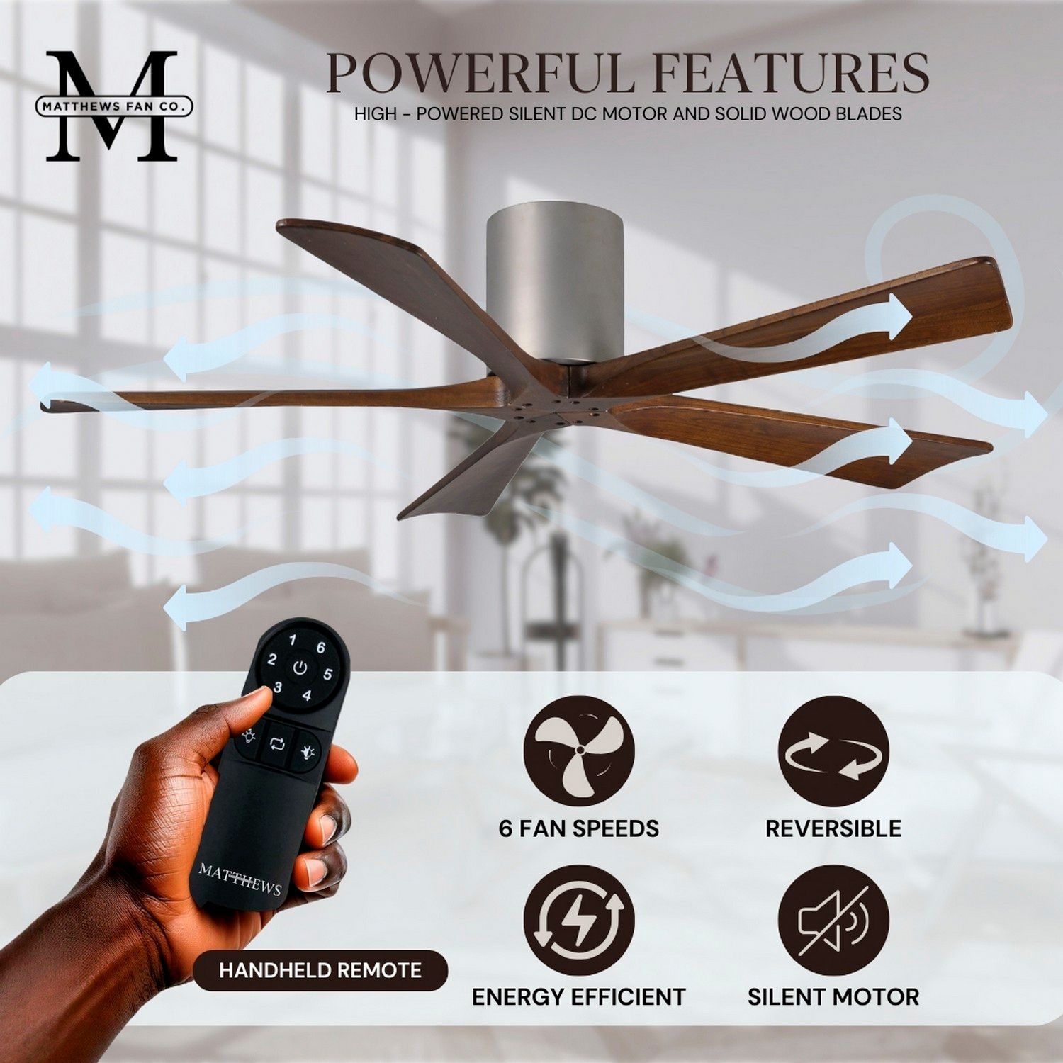 52" Matthews Irene-5H Brushed Nickel and Walnut Hugger Ceiling Fan