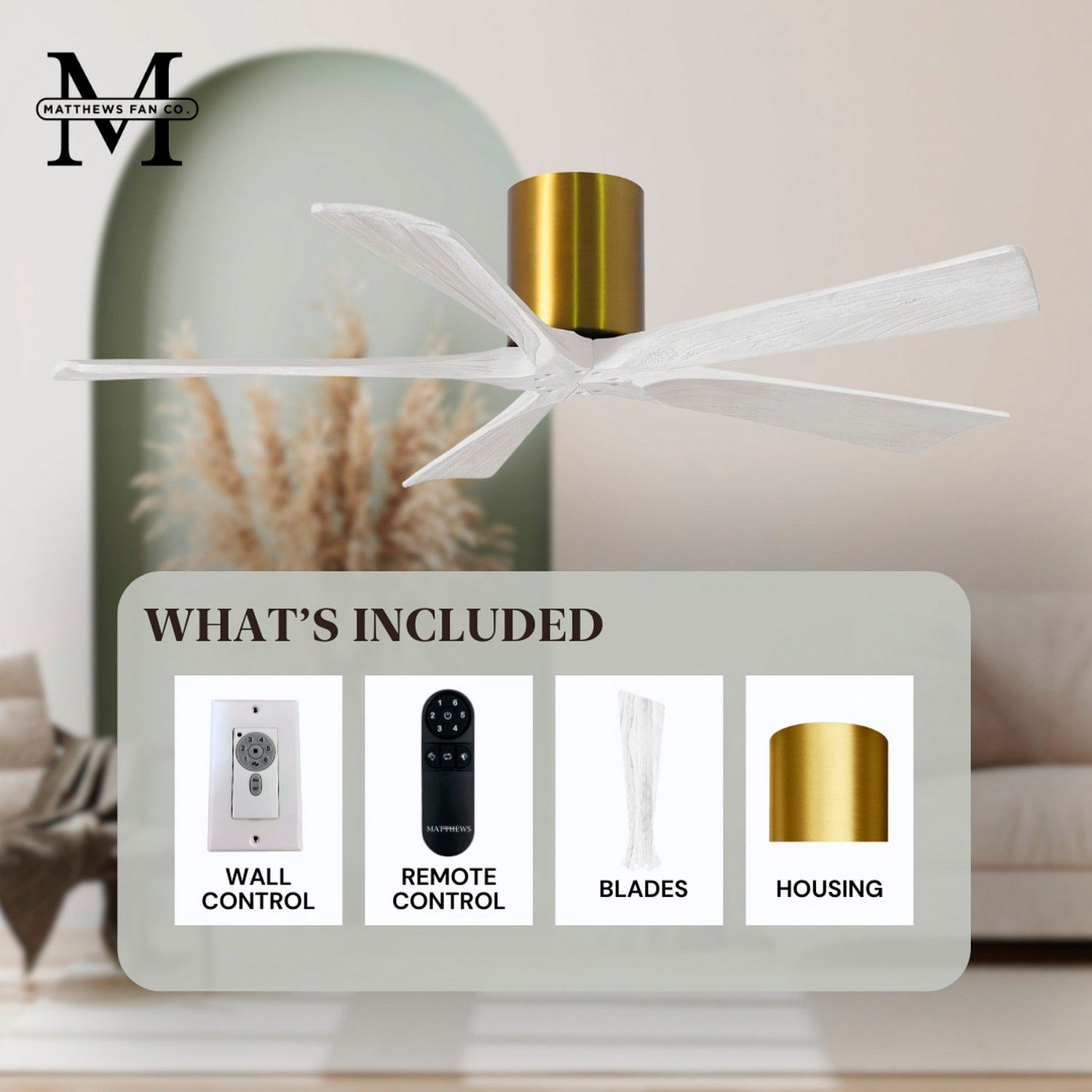 52" Matthews Irene-5H Damp Brass and White Hugger Fan with Remote