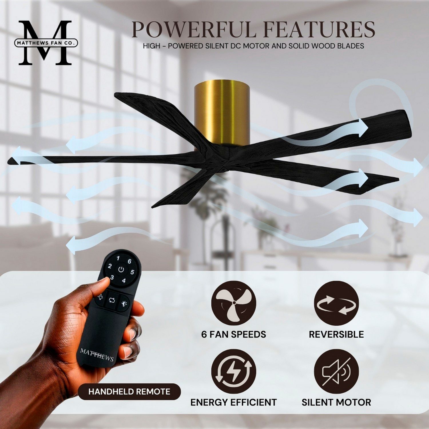 52" Matthews Irene-5H Damp Rated Black Brass Hugger Fan with Remote