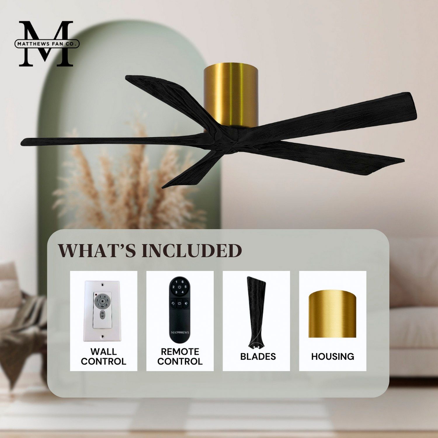 52" Matthews Irene-5H Damp Rated Black Brass Hugger Fan with Remote