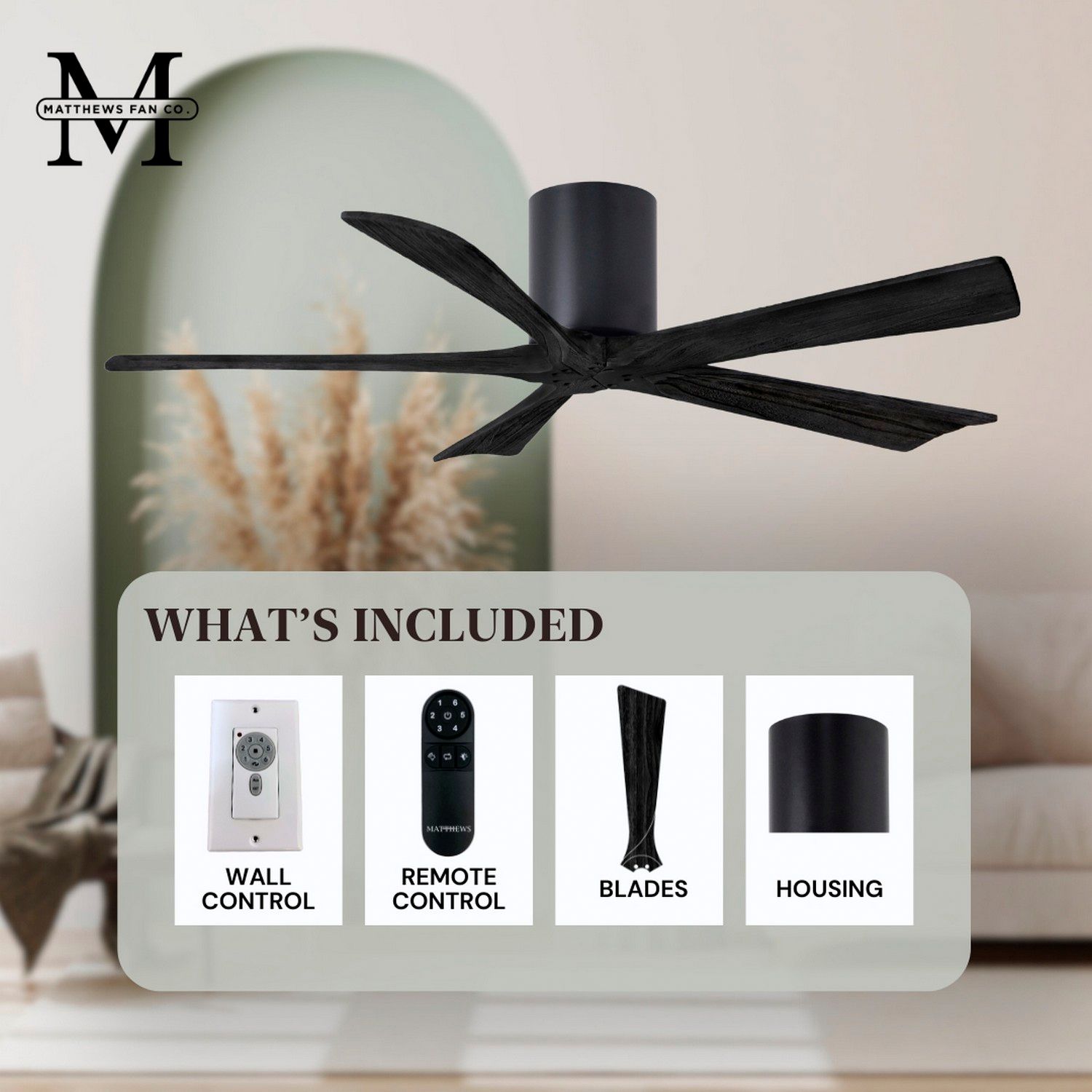 52" Matthews Irene-5H Matte Black Hugger Ceiling Fan with Remote