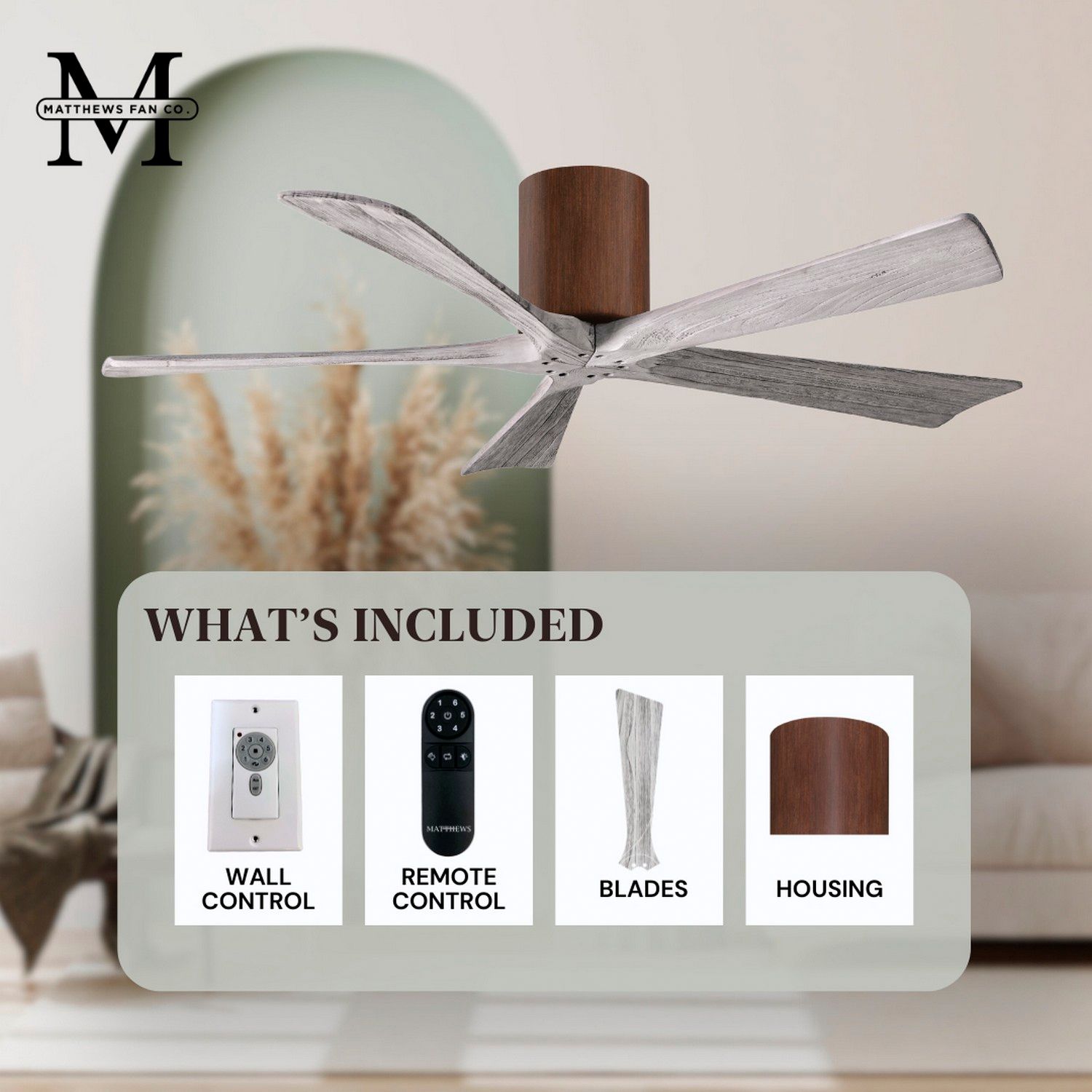 52" Matthews Irene-5H Walnut Barnwood Hugger Ceiling Fan with Remote