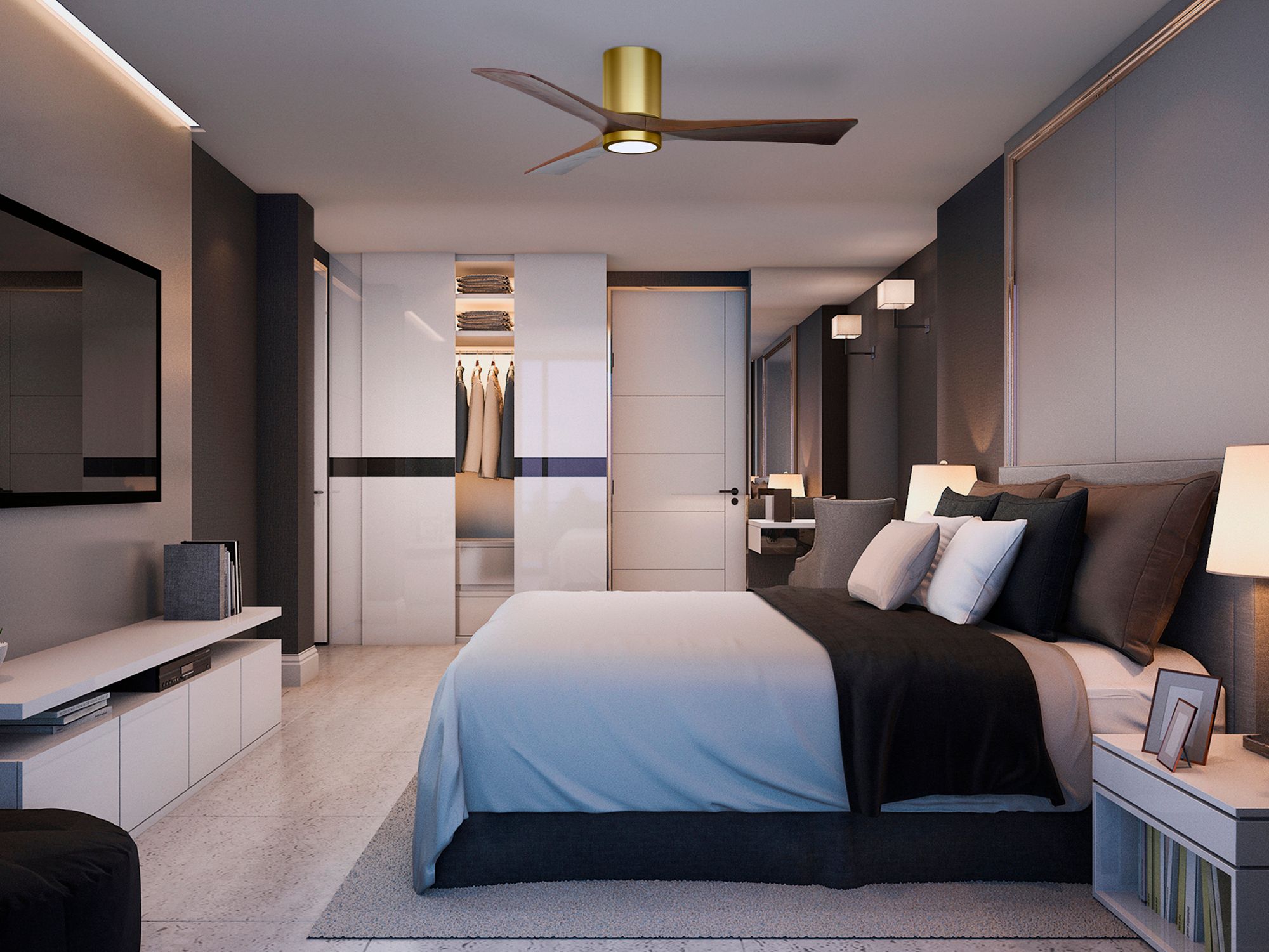 Image 6 52" Matthews Irene Three Blade Brass Walnut Hugger LED Ceiling Fan more views