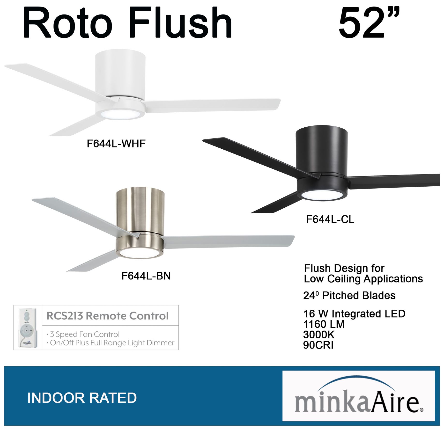 52" Minka Aire Roto Brushed Nickel LED Hugger Ceiling Fan with Remote