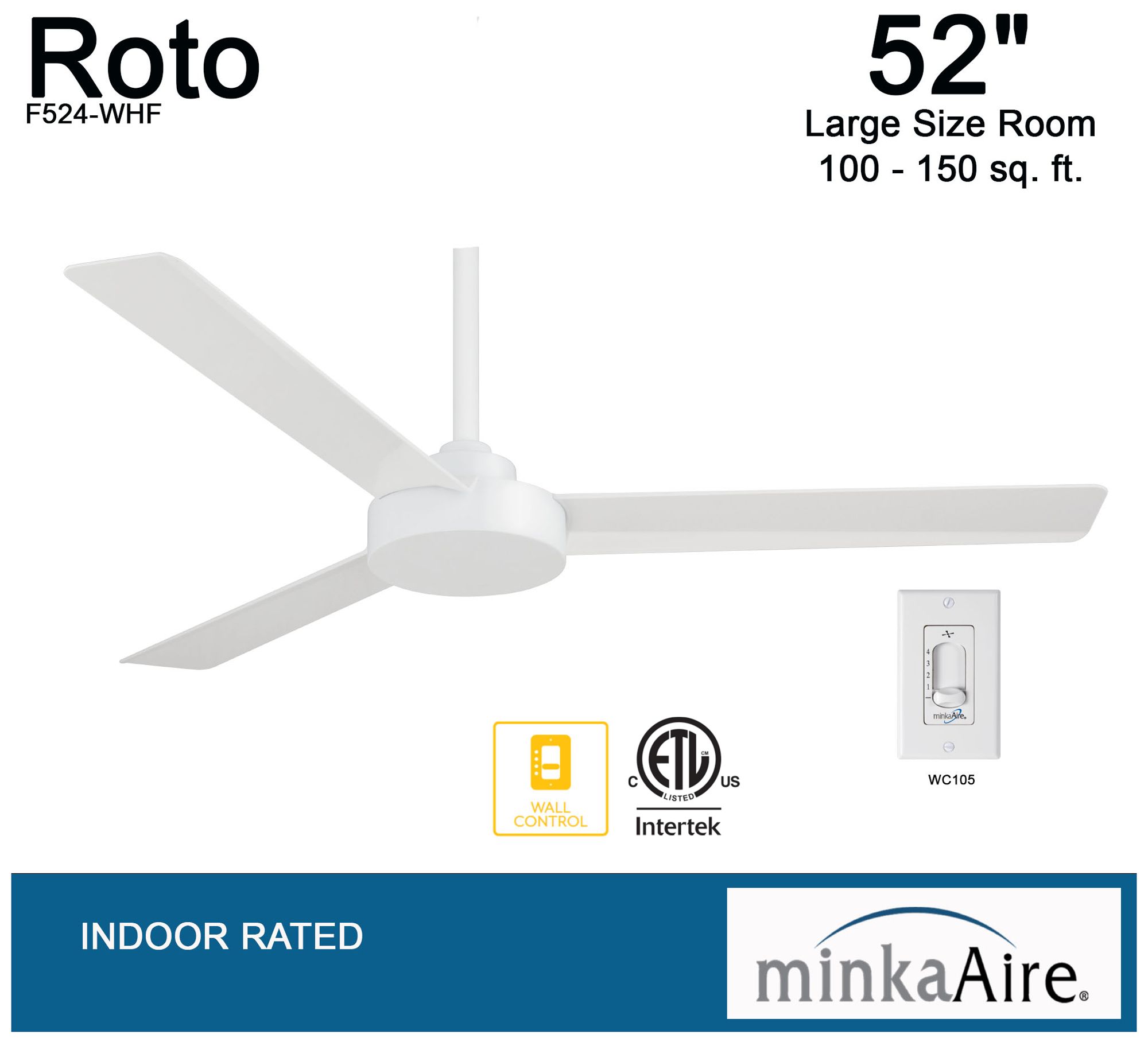 52" Minka Aire Roto Flat White 3-Blade Ceiling Fan with Wall Control