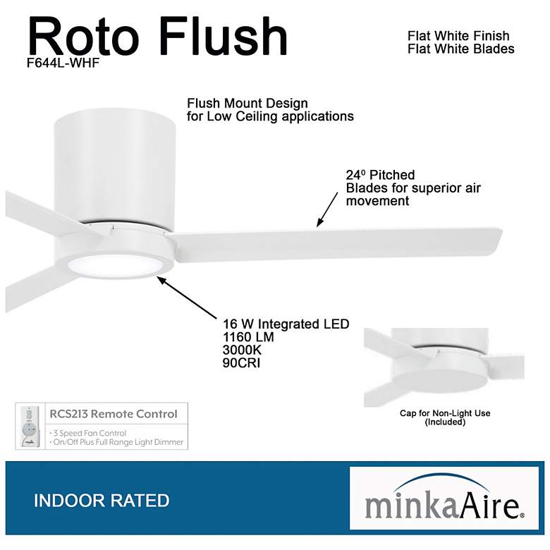 Image 6 52" Minka Aire Roto Flat White LED Hugger Ceiling Fan with Remote more views