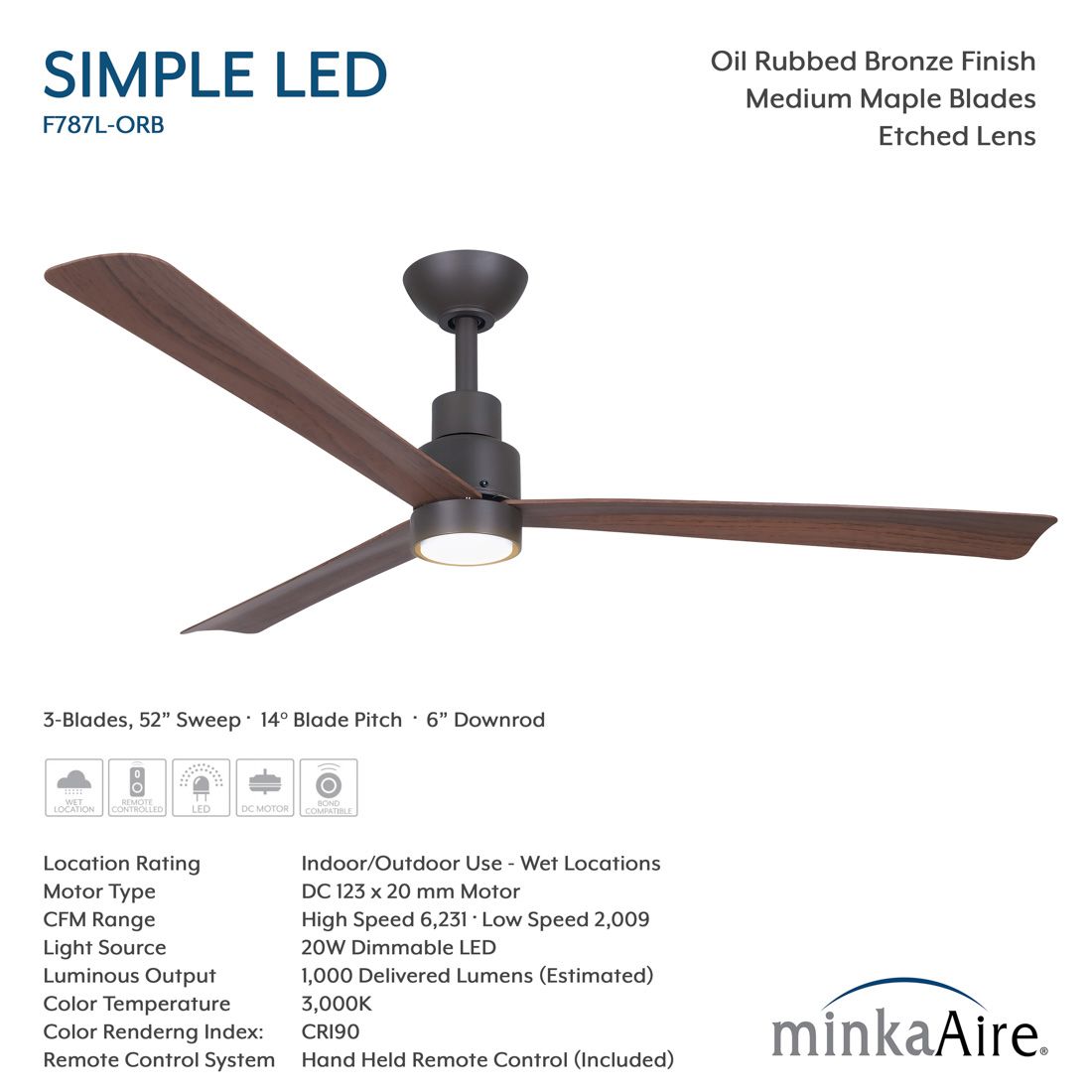 52" Minka Aire Simple Oil-Rubbed Bronze LED Ceiling Fan