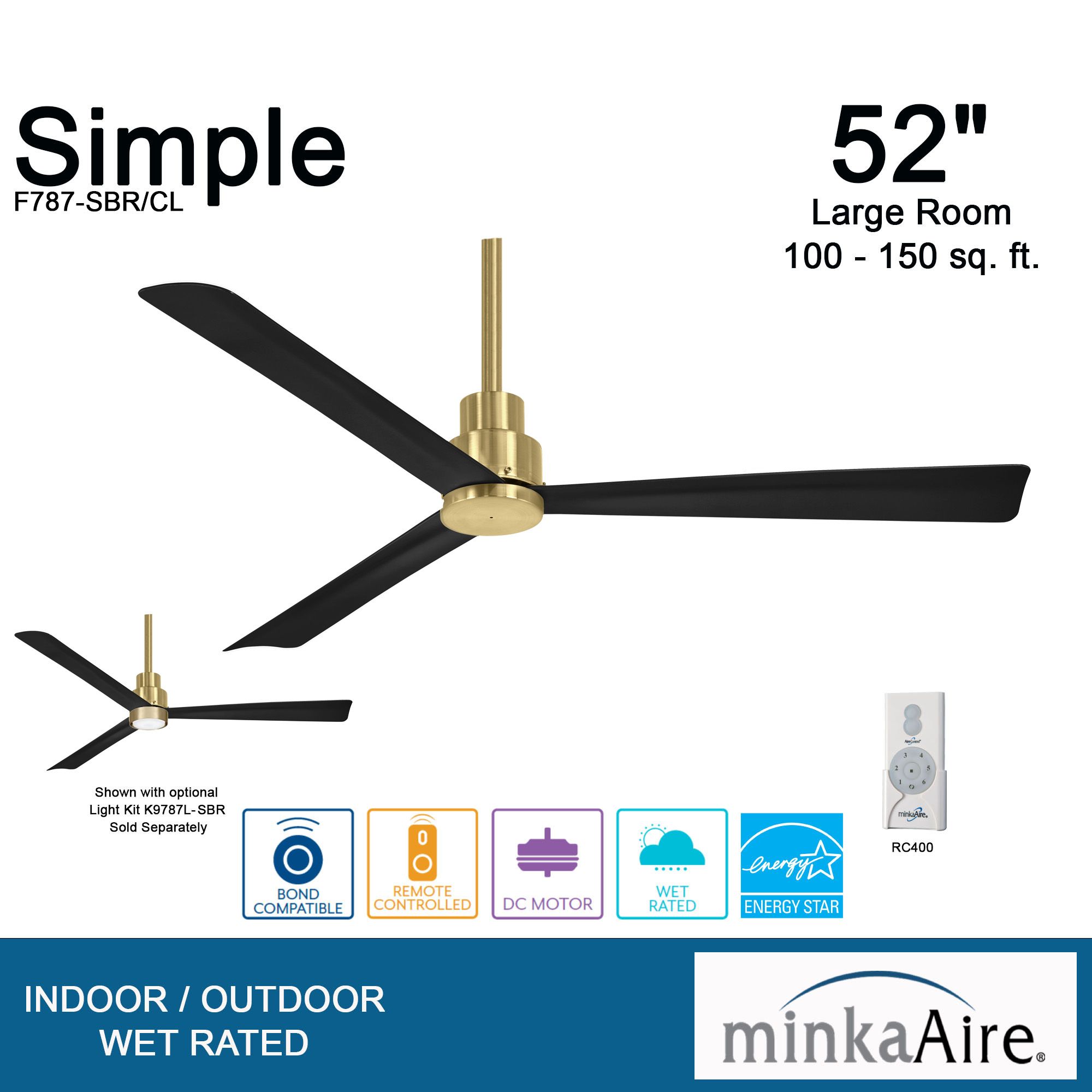 Image 7 52" Minka Aire Simple Soft Brass Wet Ceiling Fan with Remote Control more views