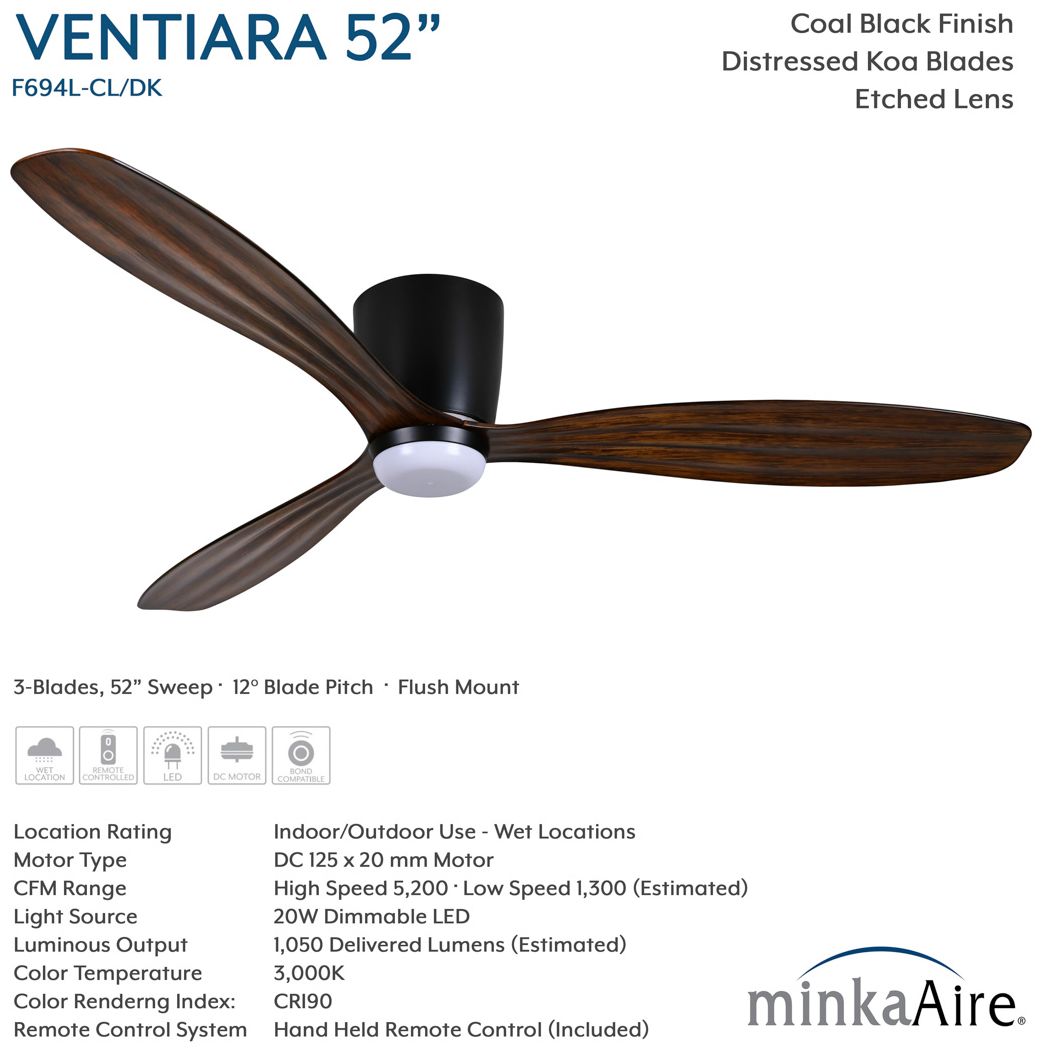 52" Minka Aire Ventiara LED Coal Black 3-Blade Ceiling Fan