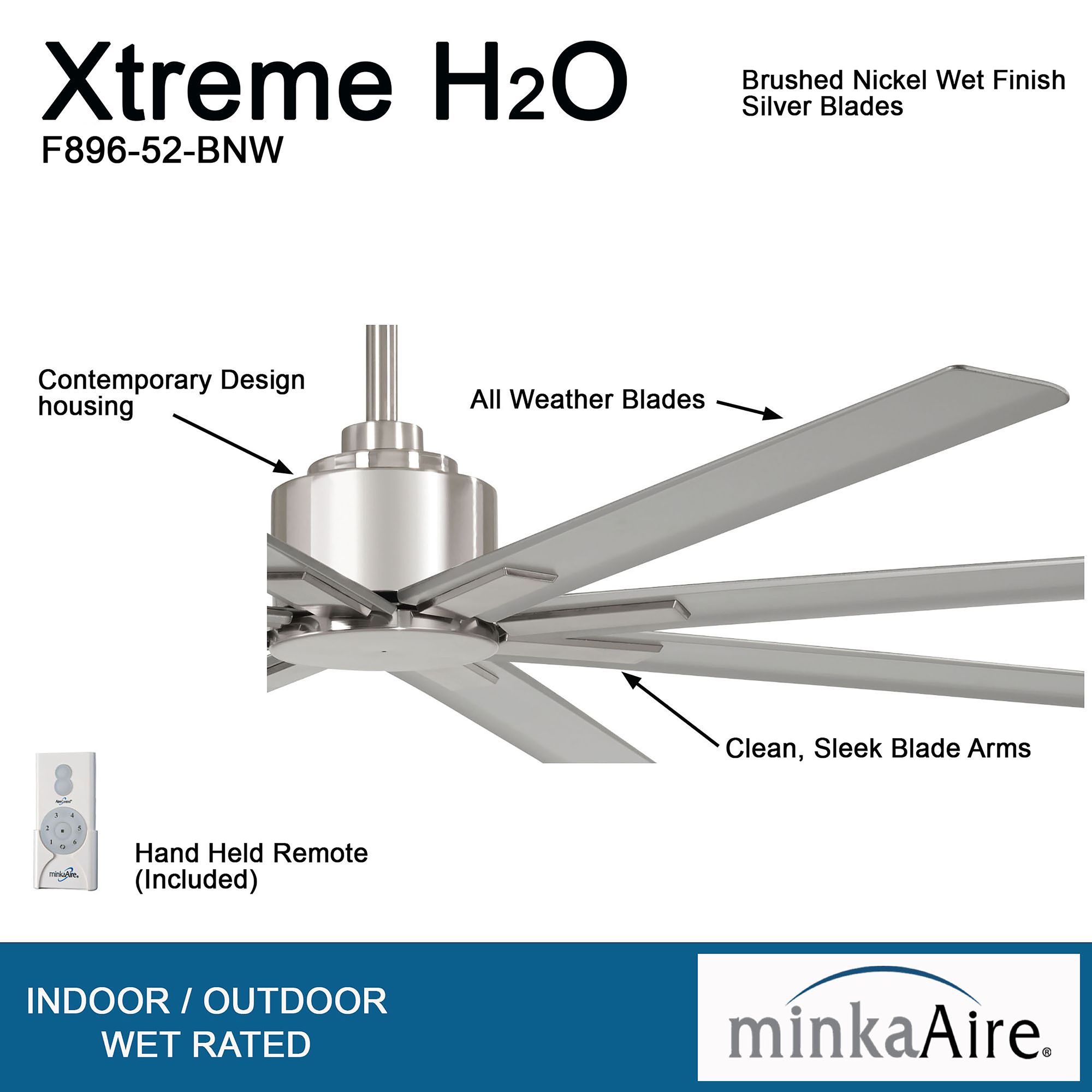 52" Minka Aire Xtreme H2O Brushed Nickel Wet Ceiling Fan with Remote