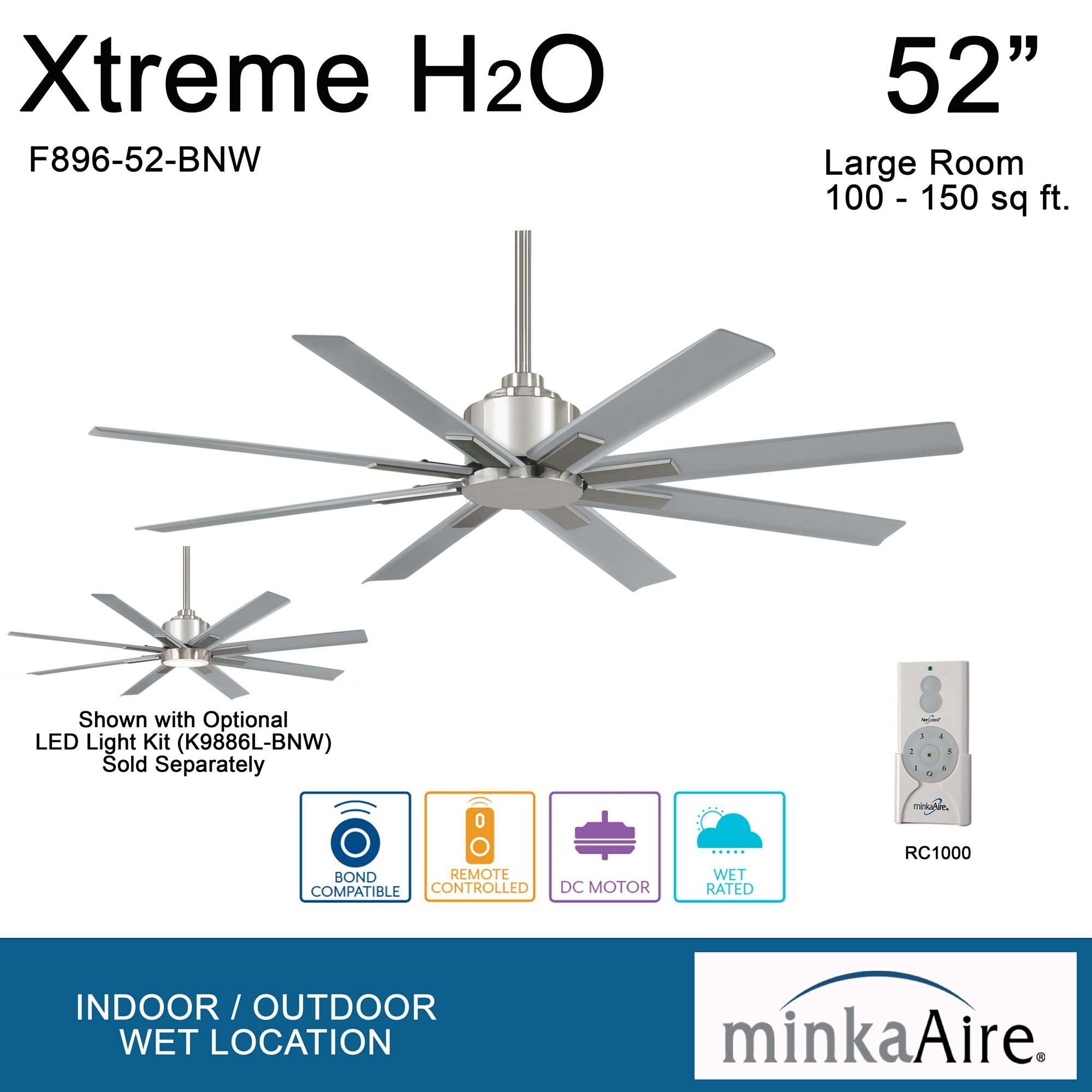 52" Minka Aire Xtreme H2O Brushed Nickel Wet Ceiling Fan with Remote
