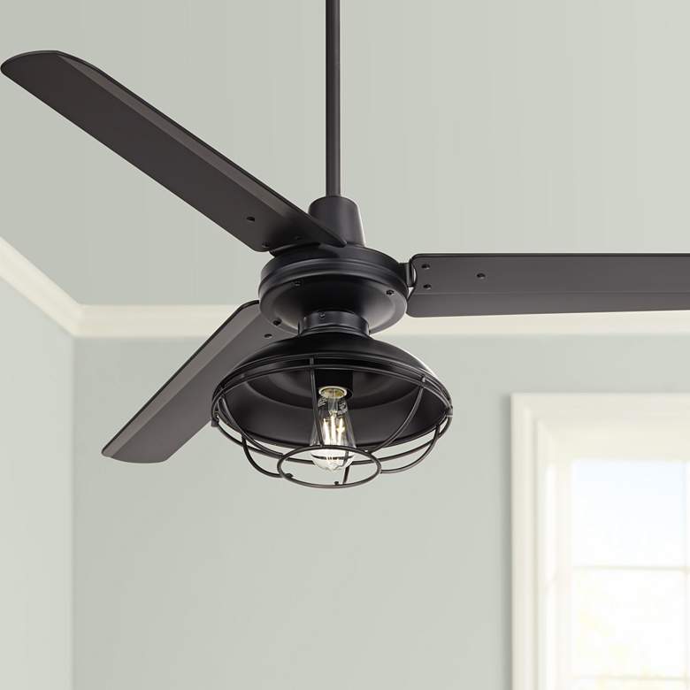 Image 1 52" Plaza Matte Black Cage Light Damp Rated Ceiling Fan with Remote