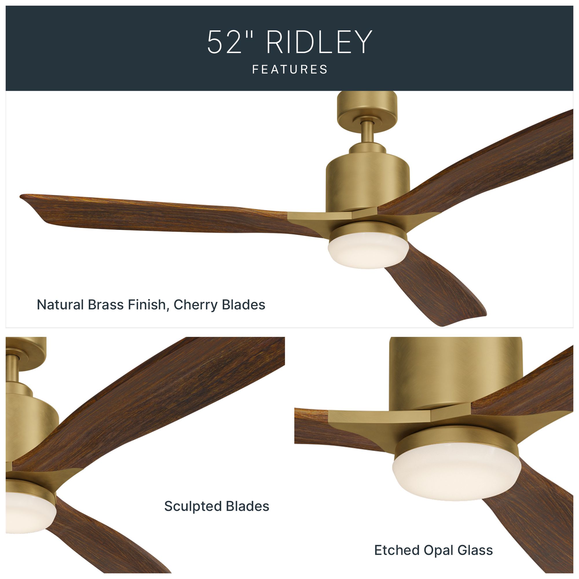 52" Ridley Natural Brass LED Ceiling Fan with Cherry Blades