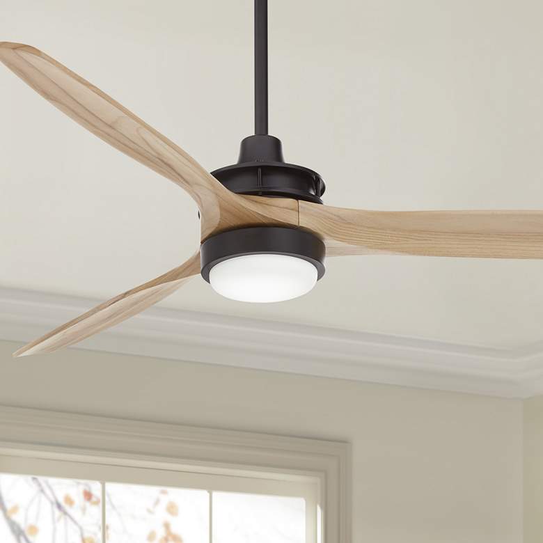 Image 1 52" Windspun Matte Black and Natural Wood LED Ceiling Fan with Remote