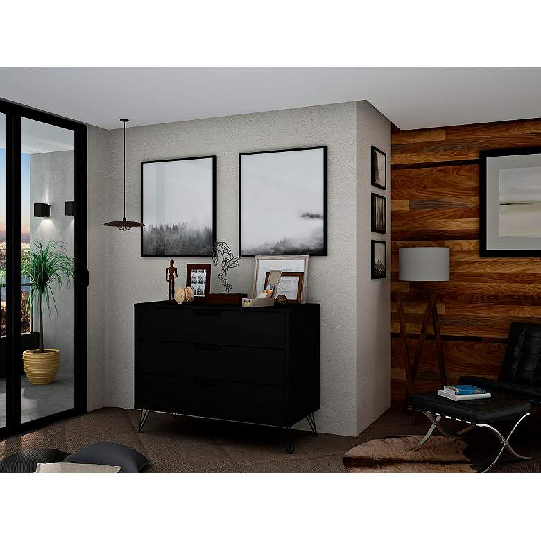 Image 1 Rockefeller 35 1/4" Wide Black Wood 3-Drawer Dresser in scene