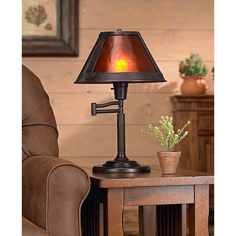 Image 1 Cal Lighting Mission Bronze 18 inch High Mica Shade Swing Arm Table Lamp in scene