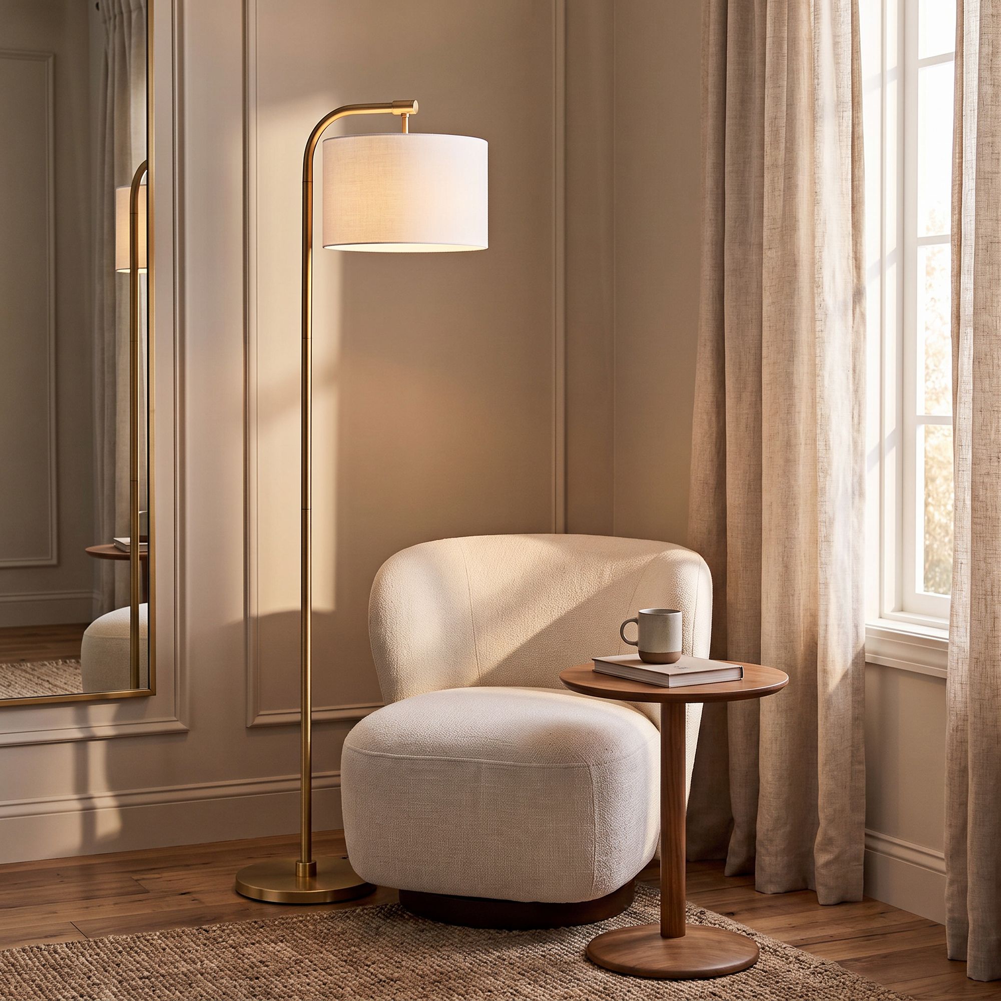 Thumbnail1 of Possini Euro Serra 64" Warm Gold Chairside Arc Offset Arm Floor Lamp in scene