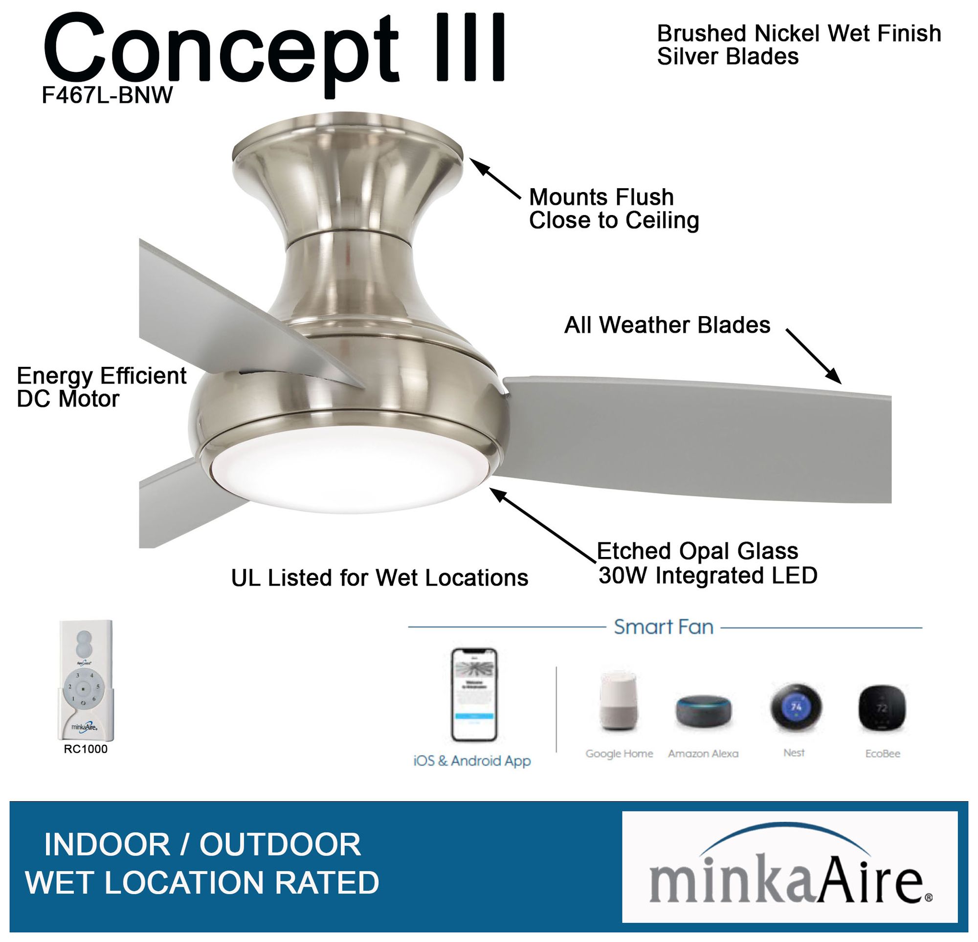 54" Concept III Brushed Nickel Hugger Wet Rated LED Smart Ceiling Fan