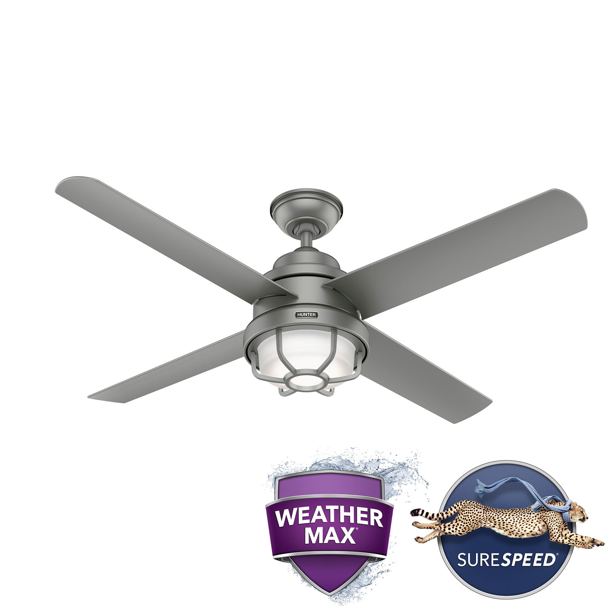 54" Hunter Searow Silver WeatherMax Wet Rated Fan with Wall Control