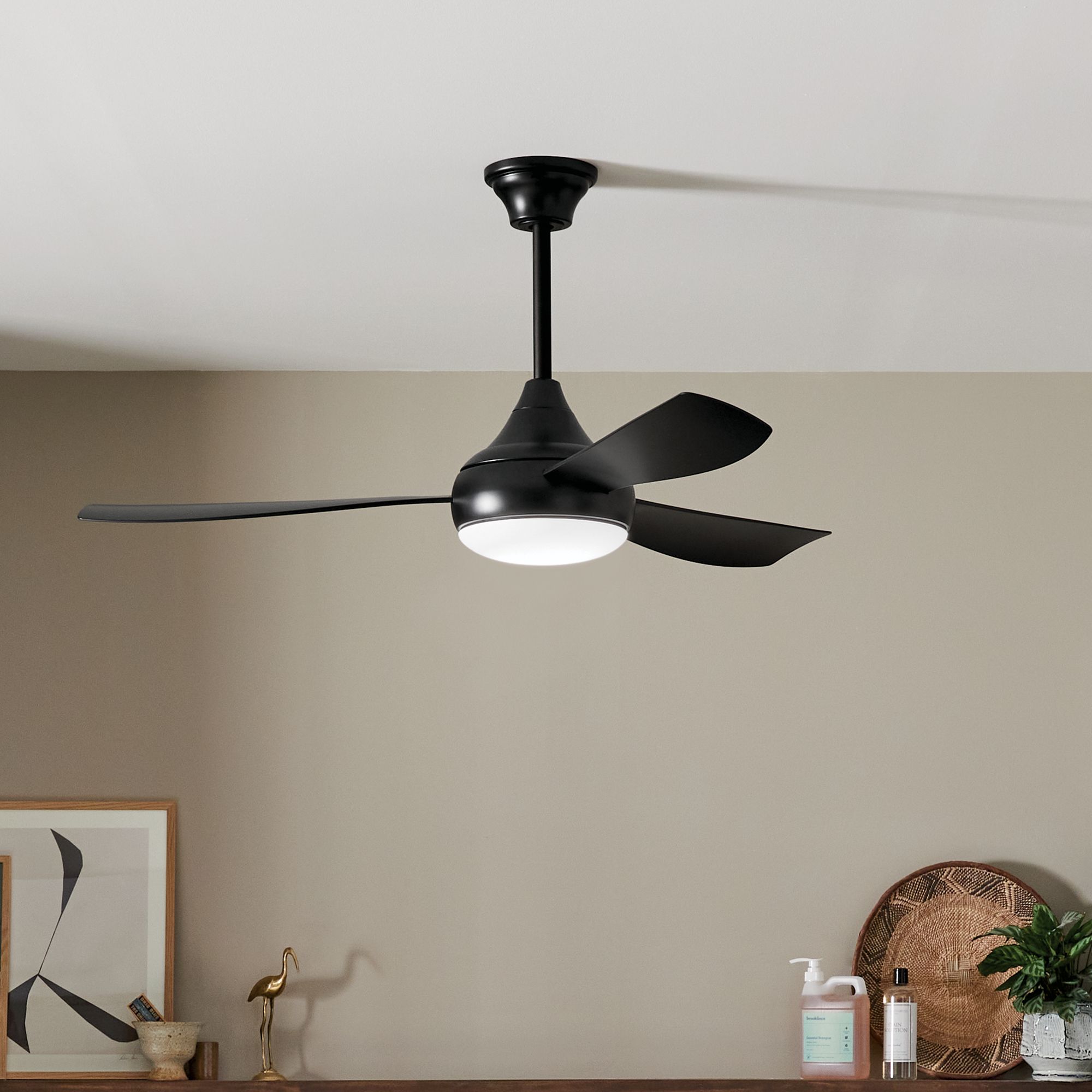 54" Kichler Ample Satin Black LED Outdoor Ceiling Fan with Remote in scene