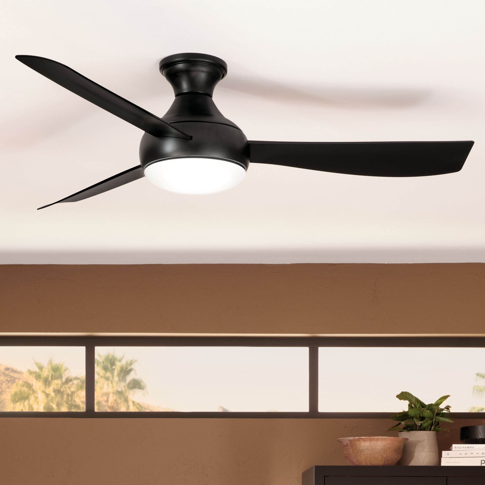 54" Kichler Ample Satin Black LED Outdoor Ceiling Fan with Remote in scene