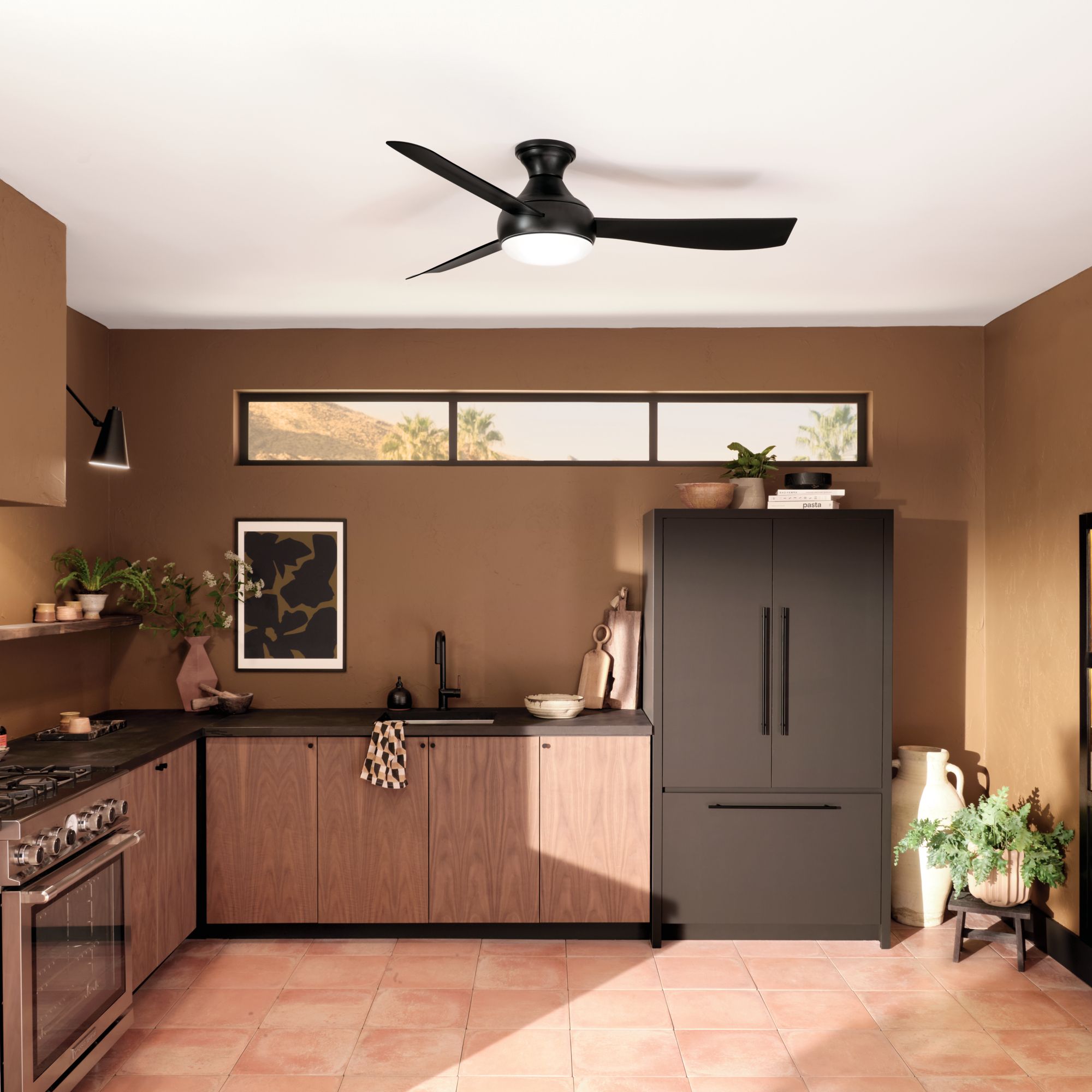 54" Kichler Ample Satin Black LED Outdoor Ceiling Fan with Remote in scene