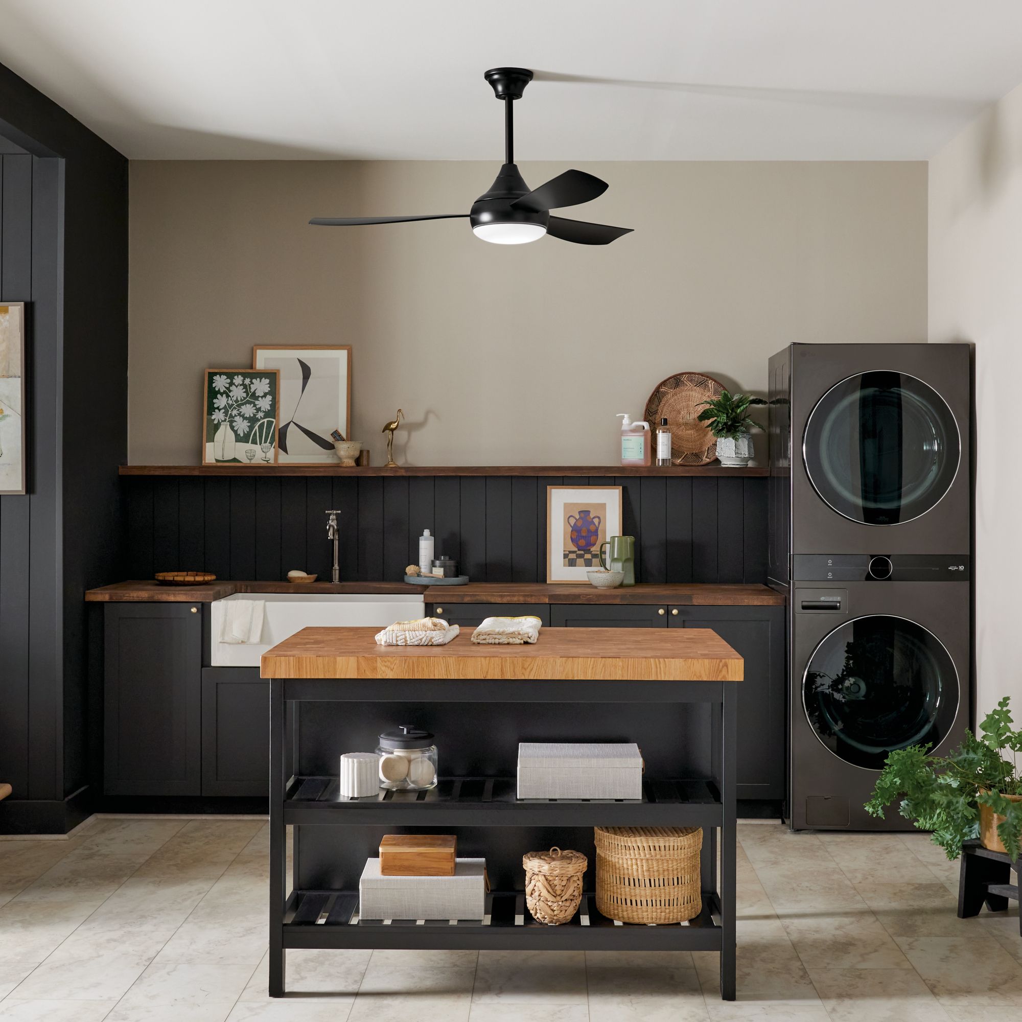 54" Kichler Ample Satin Black LED Outdoor Ceiling Fan with Remote in scene