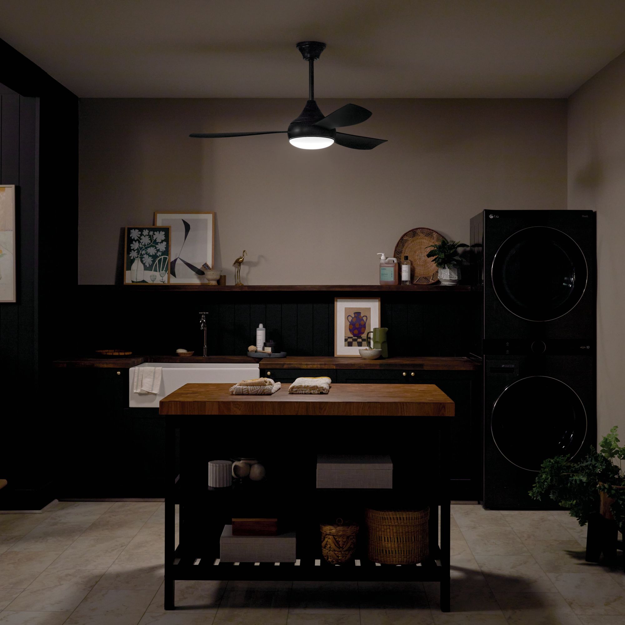 54" Kichler Ample Satin Black LED Outdoor Ceiling Fan with Remote in scene