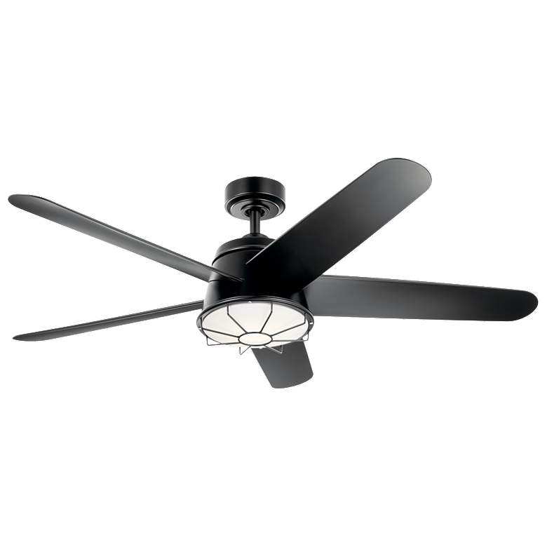 Image 1 54 inch Kichler Daya Satin Black Damp Rated LED Ceiling Fan with Remote