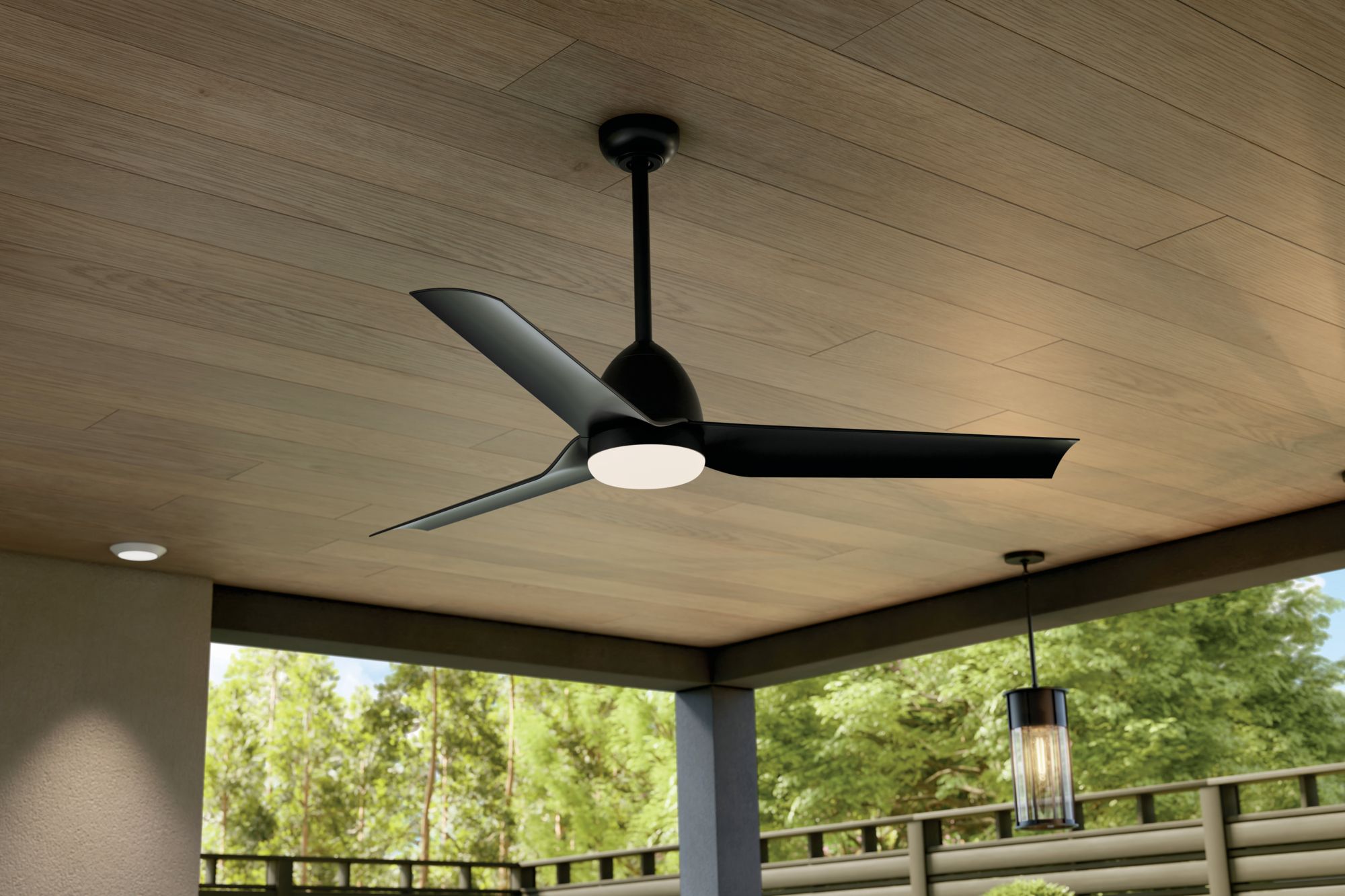 54" Kichler Fit Satin Black LED Outdoor Ceiling Fan with Remote in scene