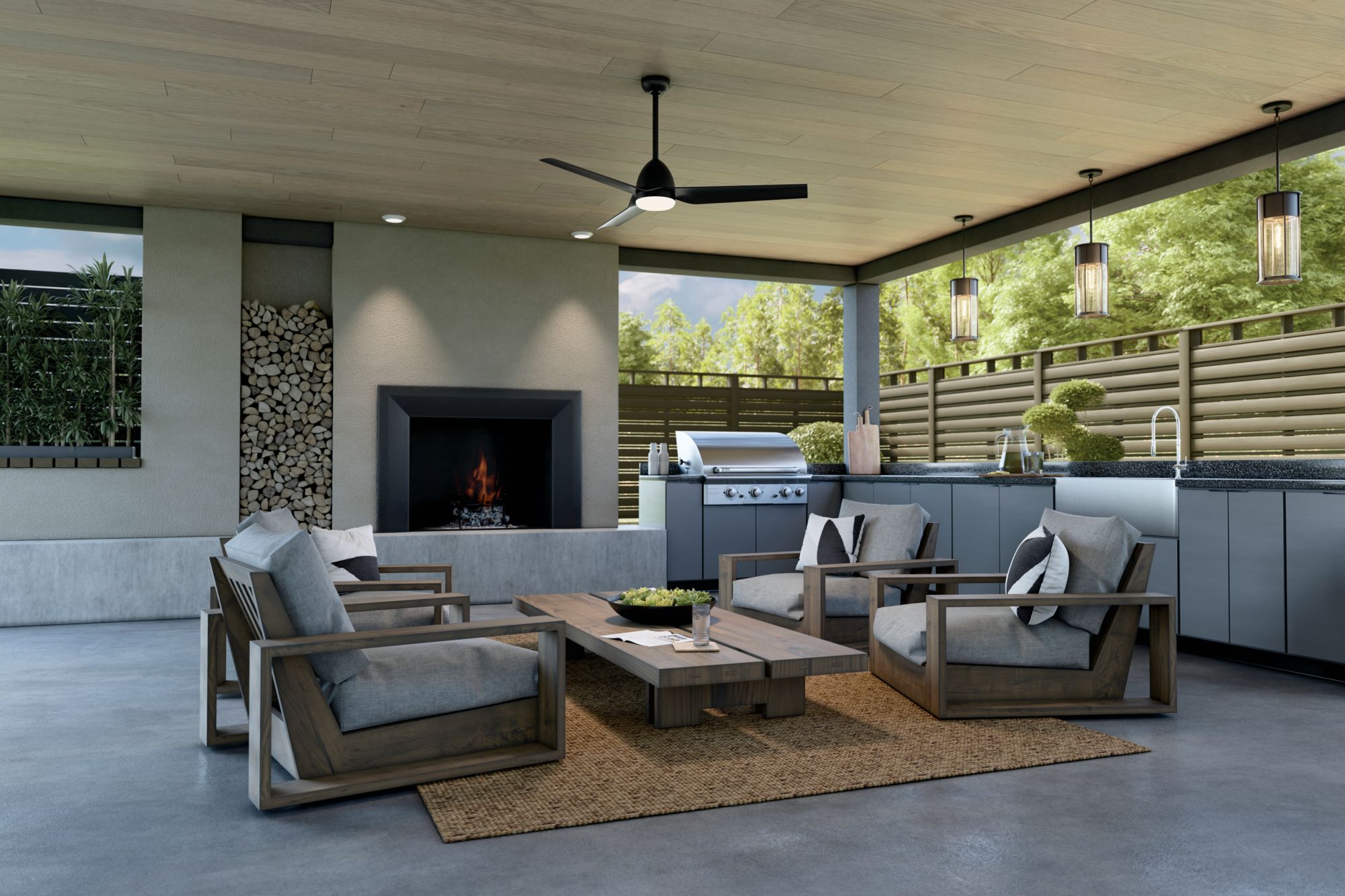 54" Kichler Fit Satin Black LED Outdoor Ceiling Fan with Remote in scene