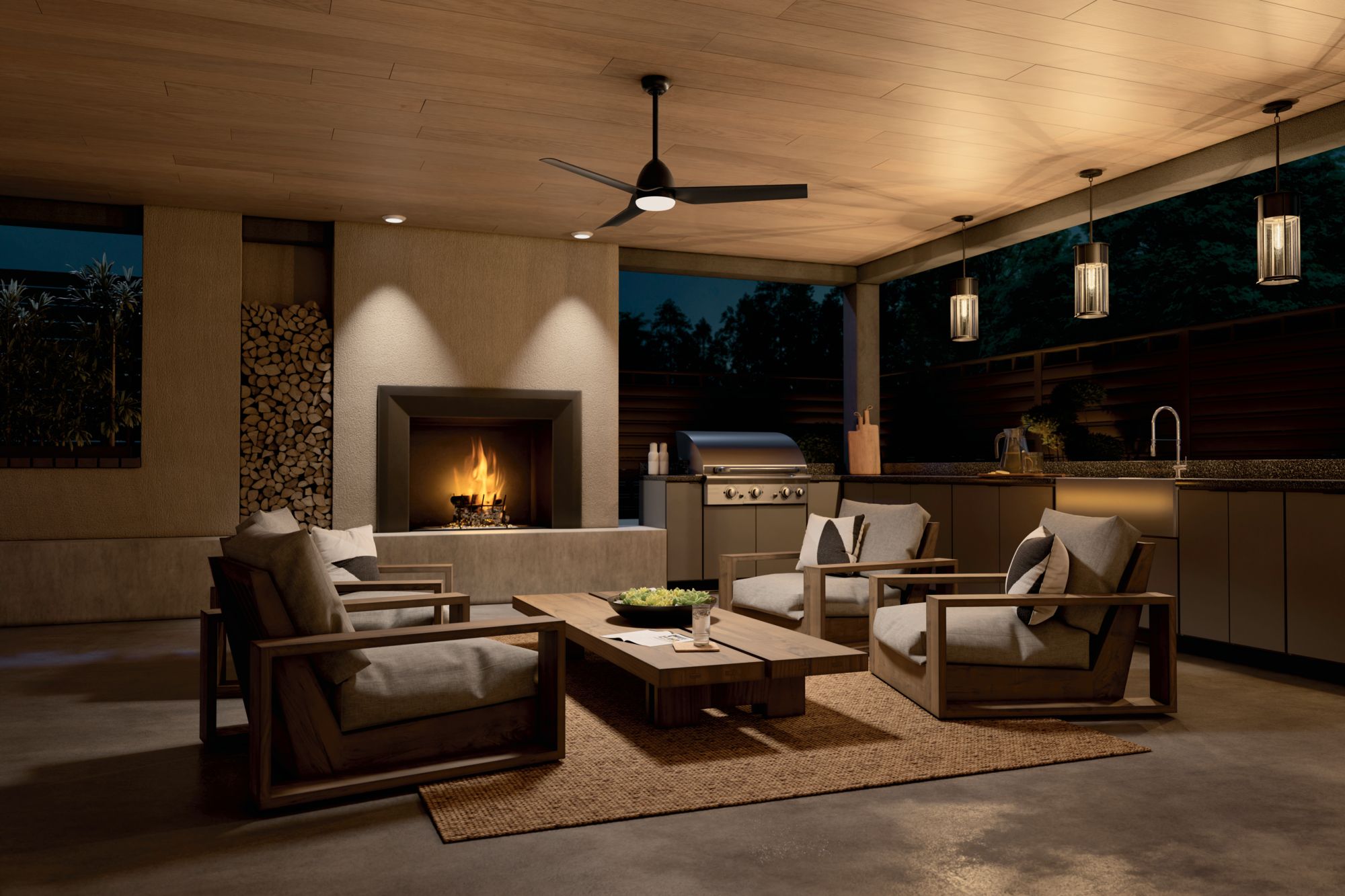 54" Kichler Fit Satin Black LED Outdoor Ceiling Fan with Remote in scene