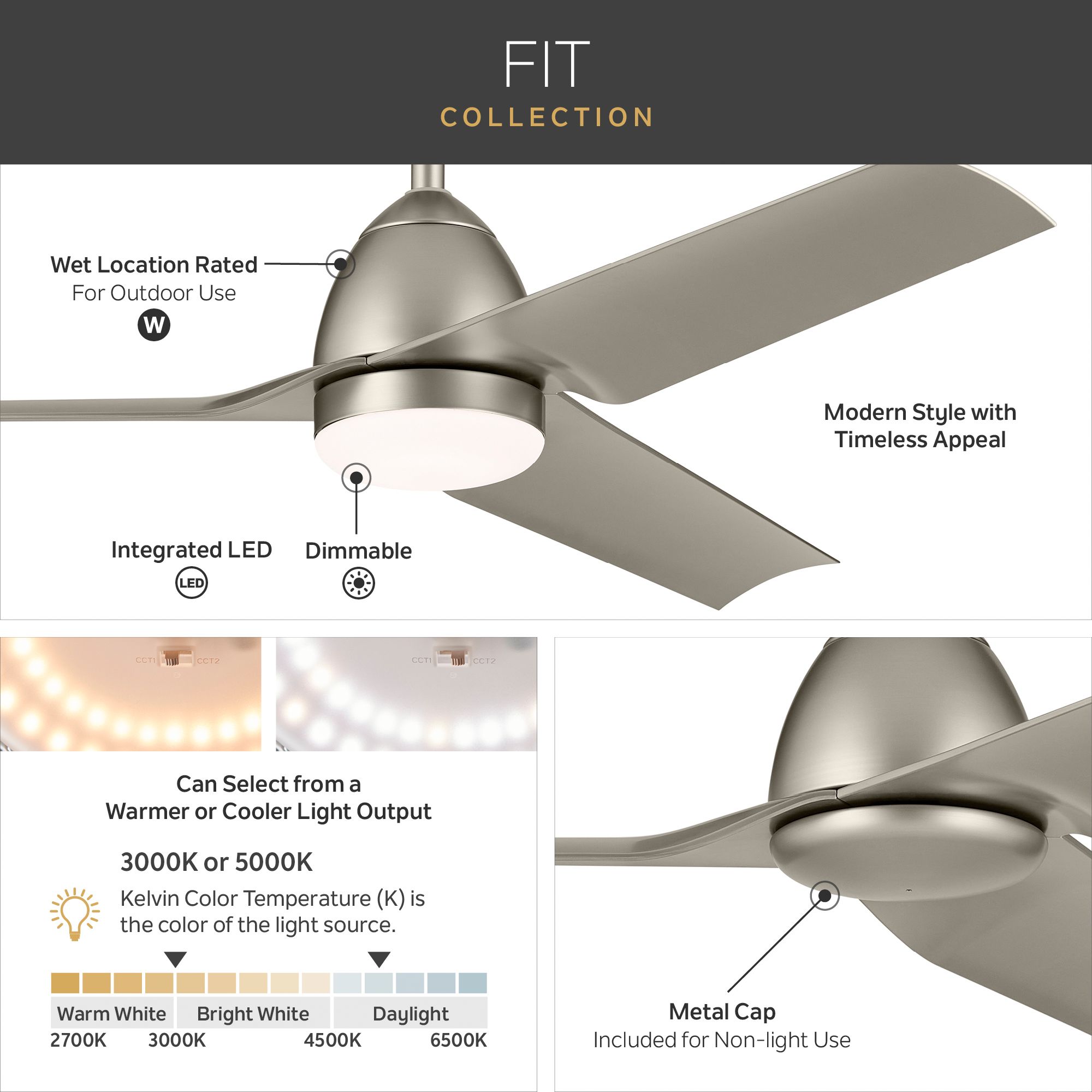 54" Kichler Fit Satin Black LED Outdoor Ceiling Fan with Remote in scene