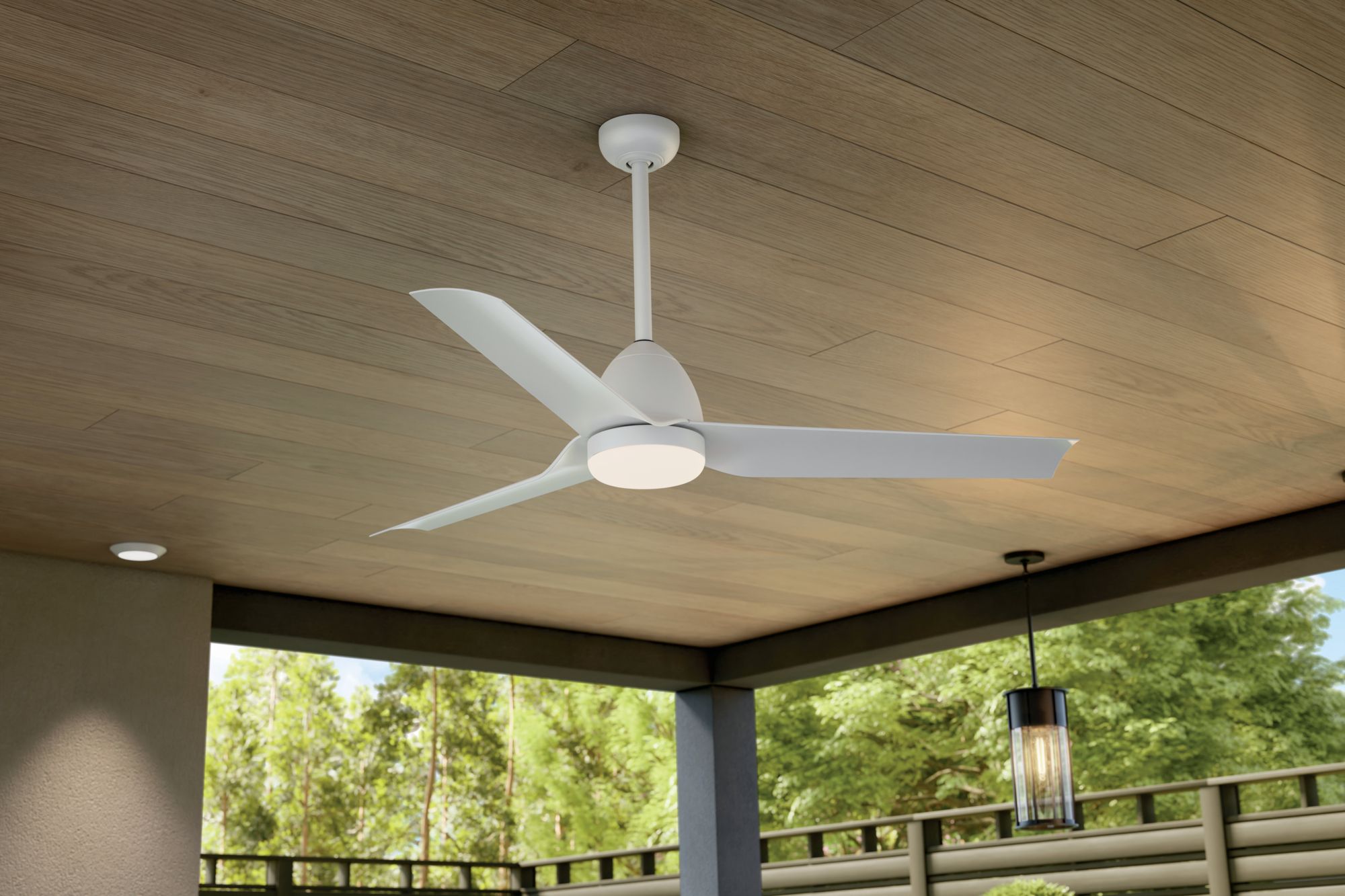 54" Kichler Fit White LED Outdoor Ceiling Fan with Remote in scene