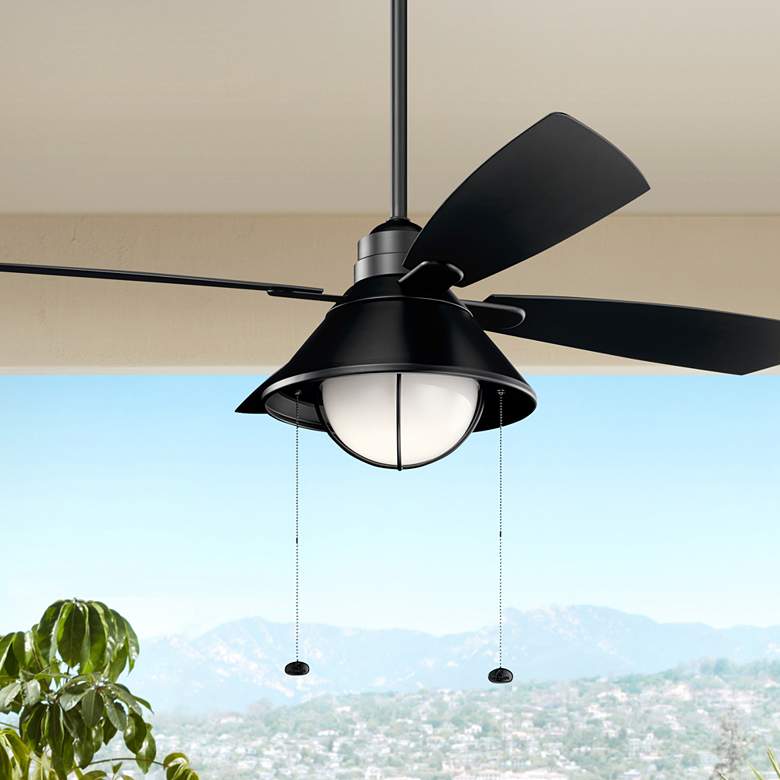 Image 1 54 inch Kichler Seaside Satin Black LED Pull Chain Outdoor Ceiling Fan
